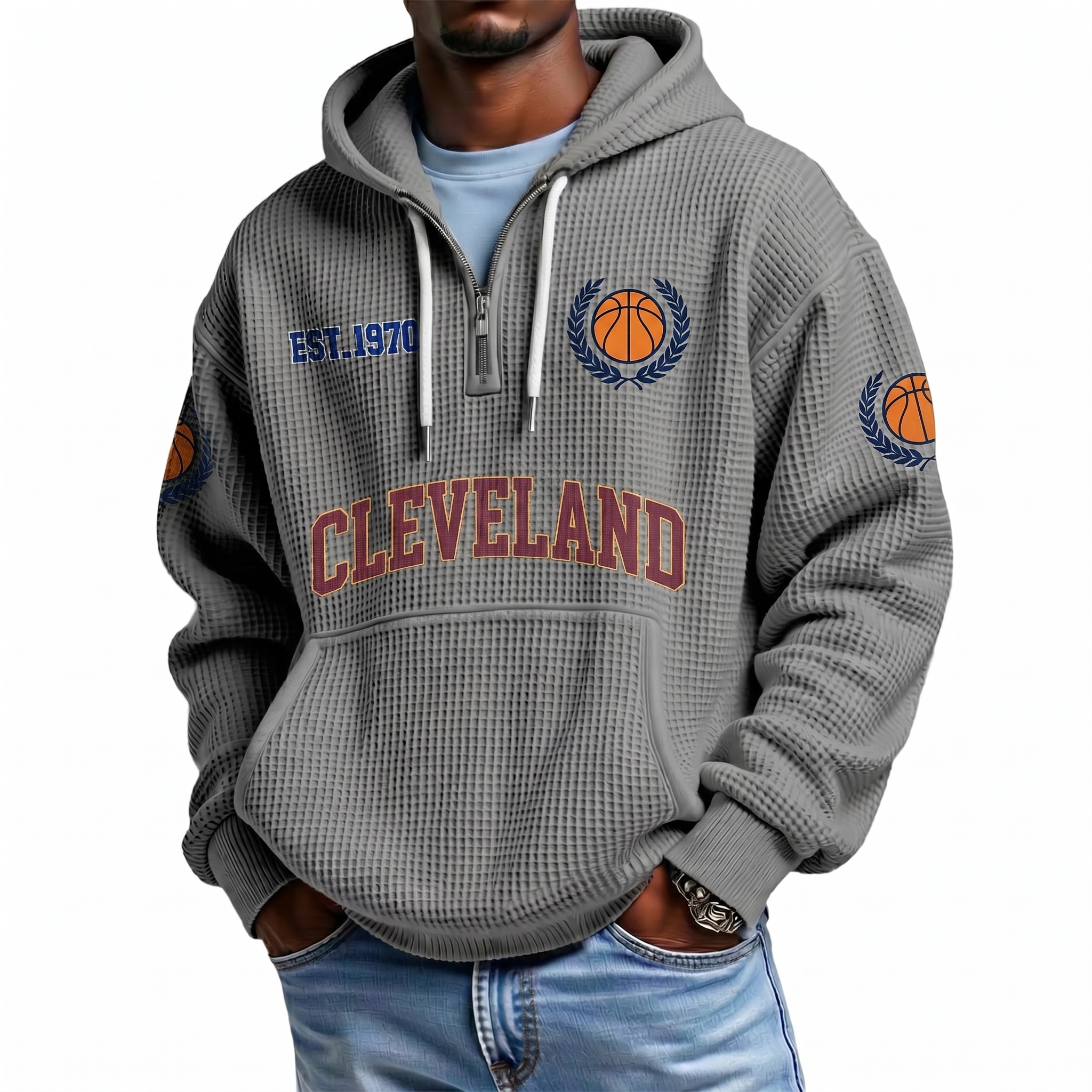 Cleveland Basketball EST 1970 Printed Waffle Quarter Zip Fan Hoodie