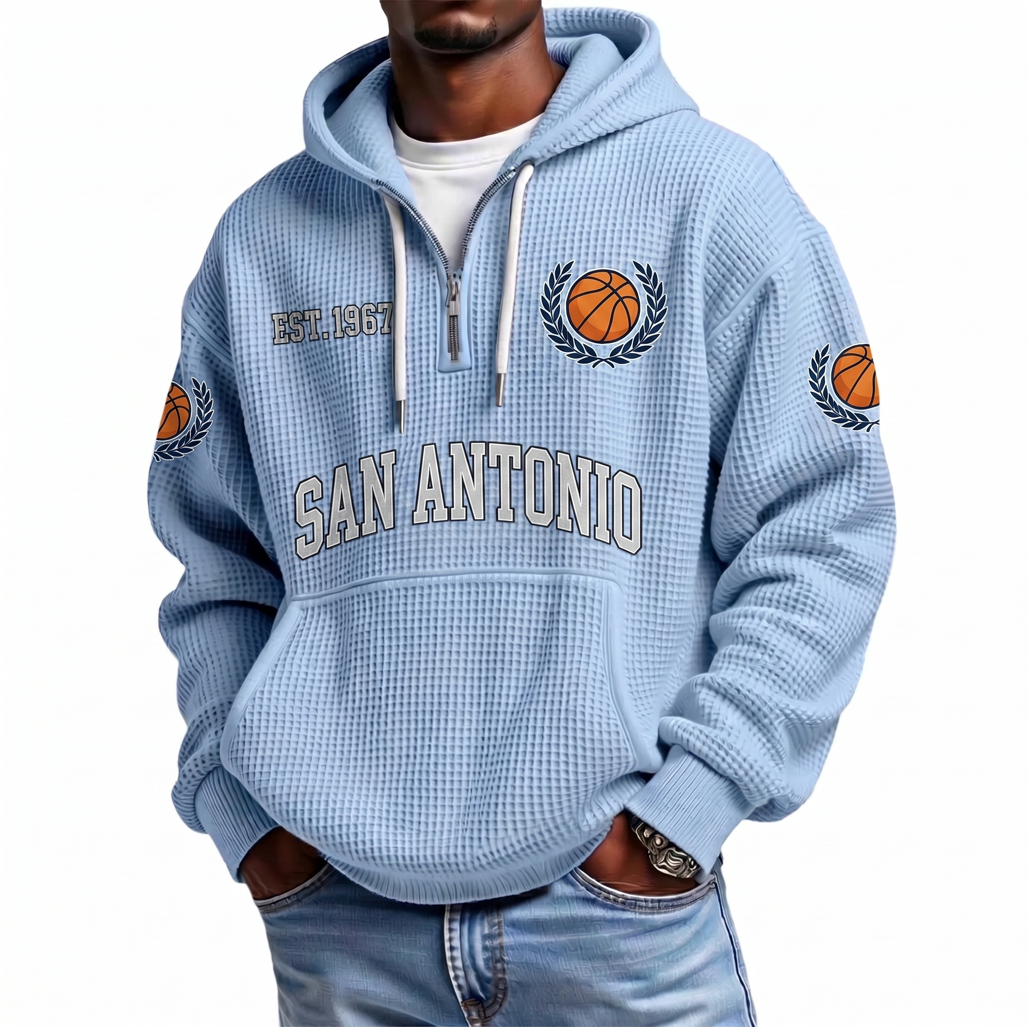San Antonio Basketball EST 1967 Printed Waffle Quarter Zip Fan Hoodie