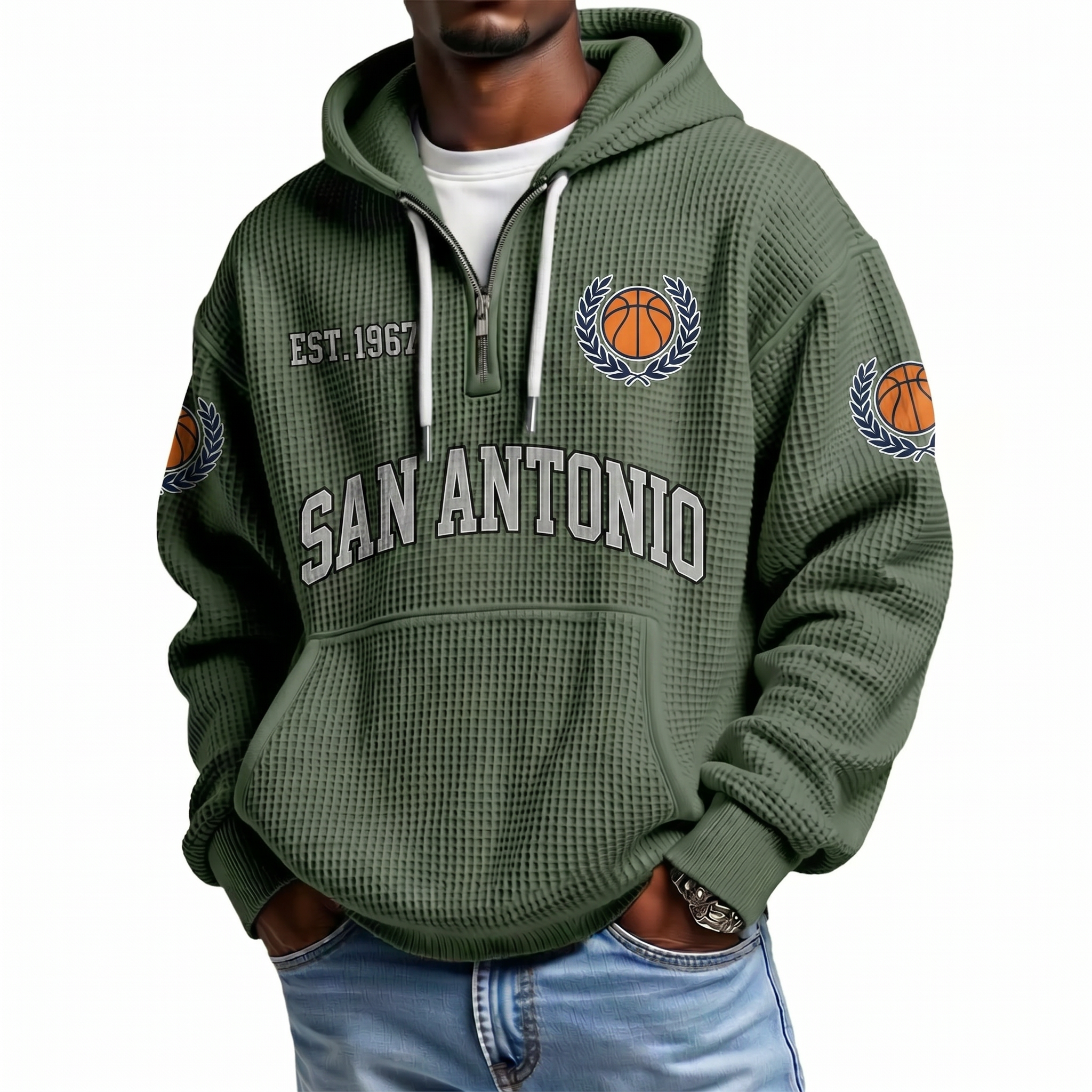 San Antonio Basketball EST 1967 Printed Waffle Quarter Zip Fan Hoodie