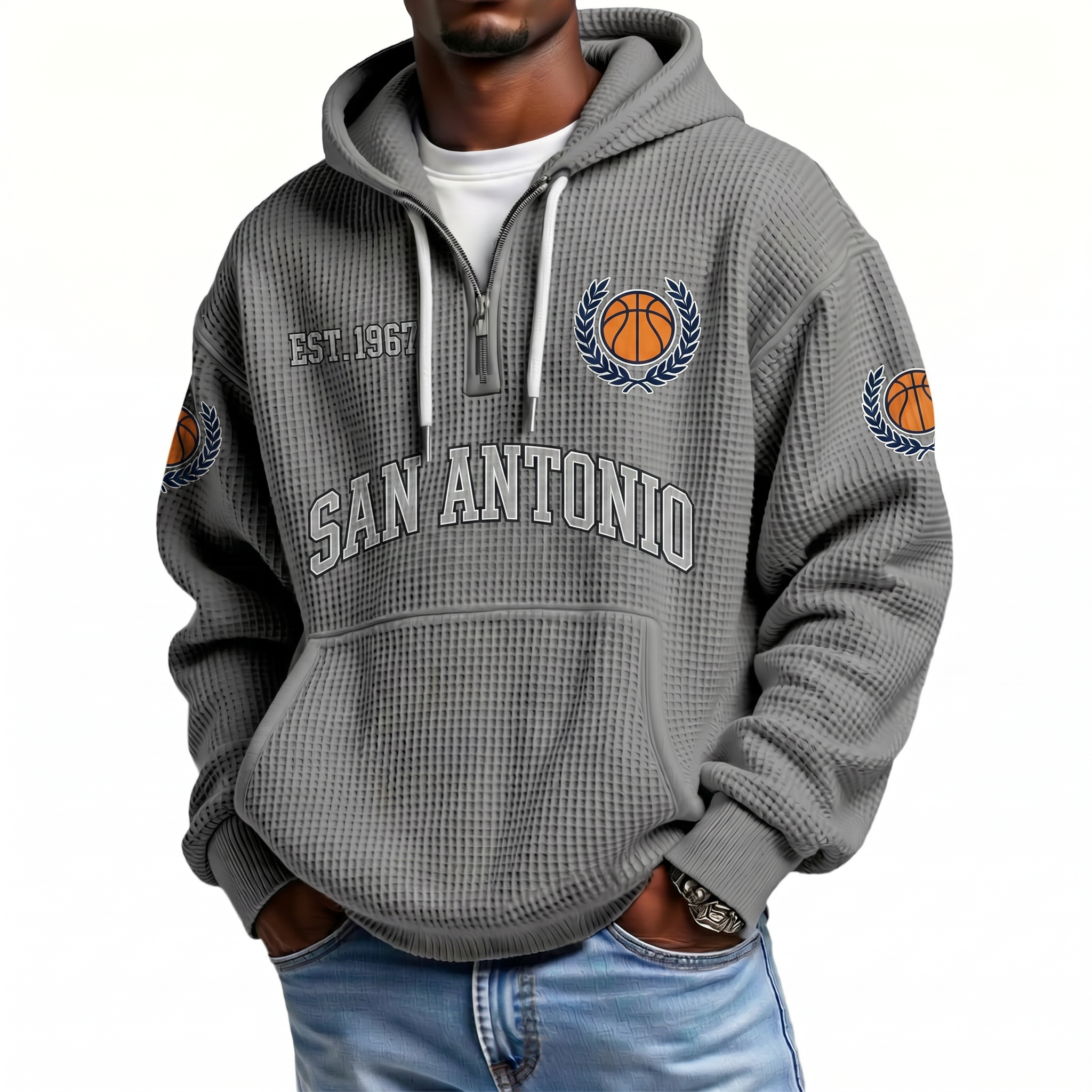 San Antonio Basketball EST 1967 Printed Waffle Quarter Zip Fan Hoodie