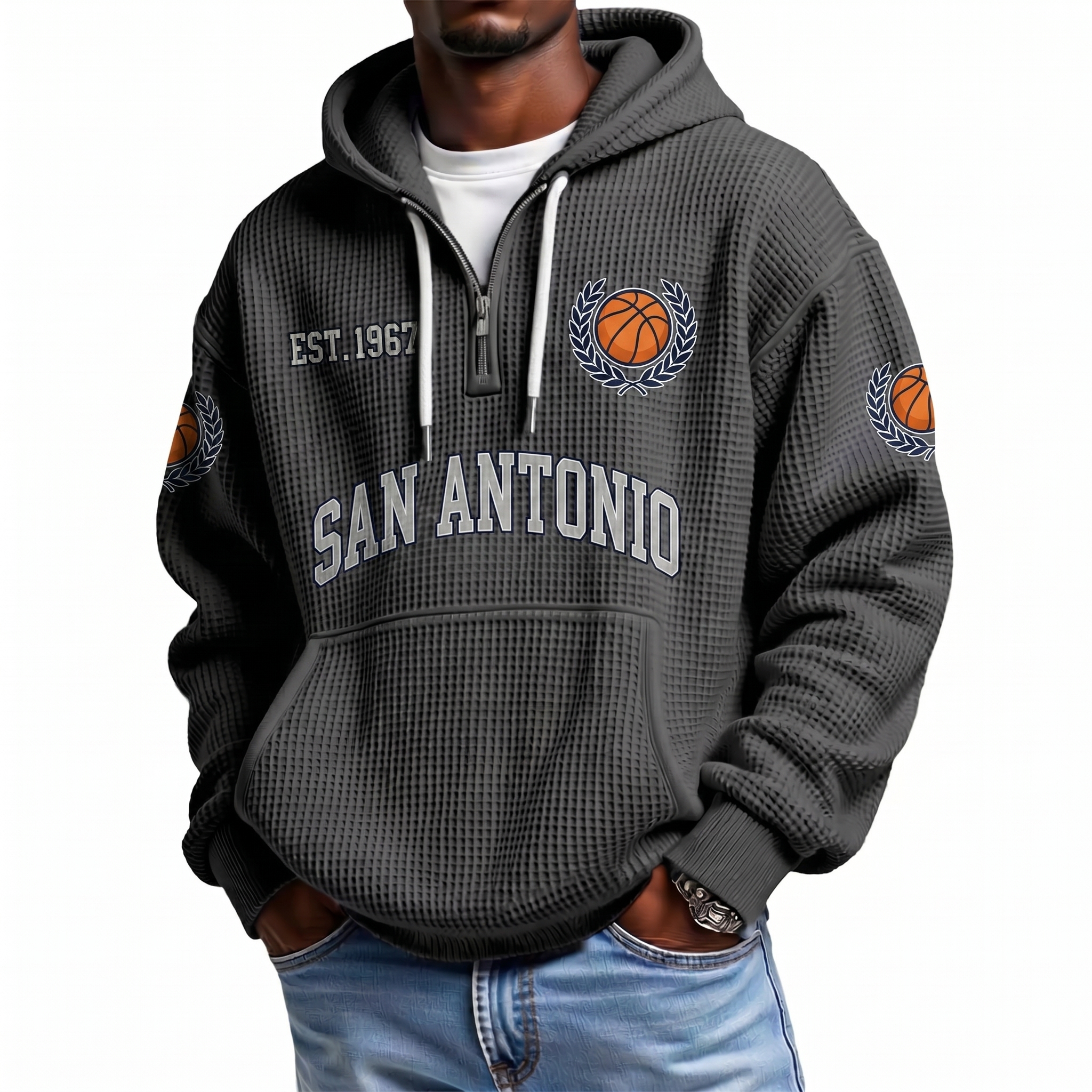 San Antonio Basketball EST 1967 Printed Waffle Quarter Zip Fan Hoodie