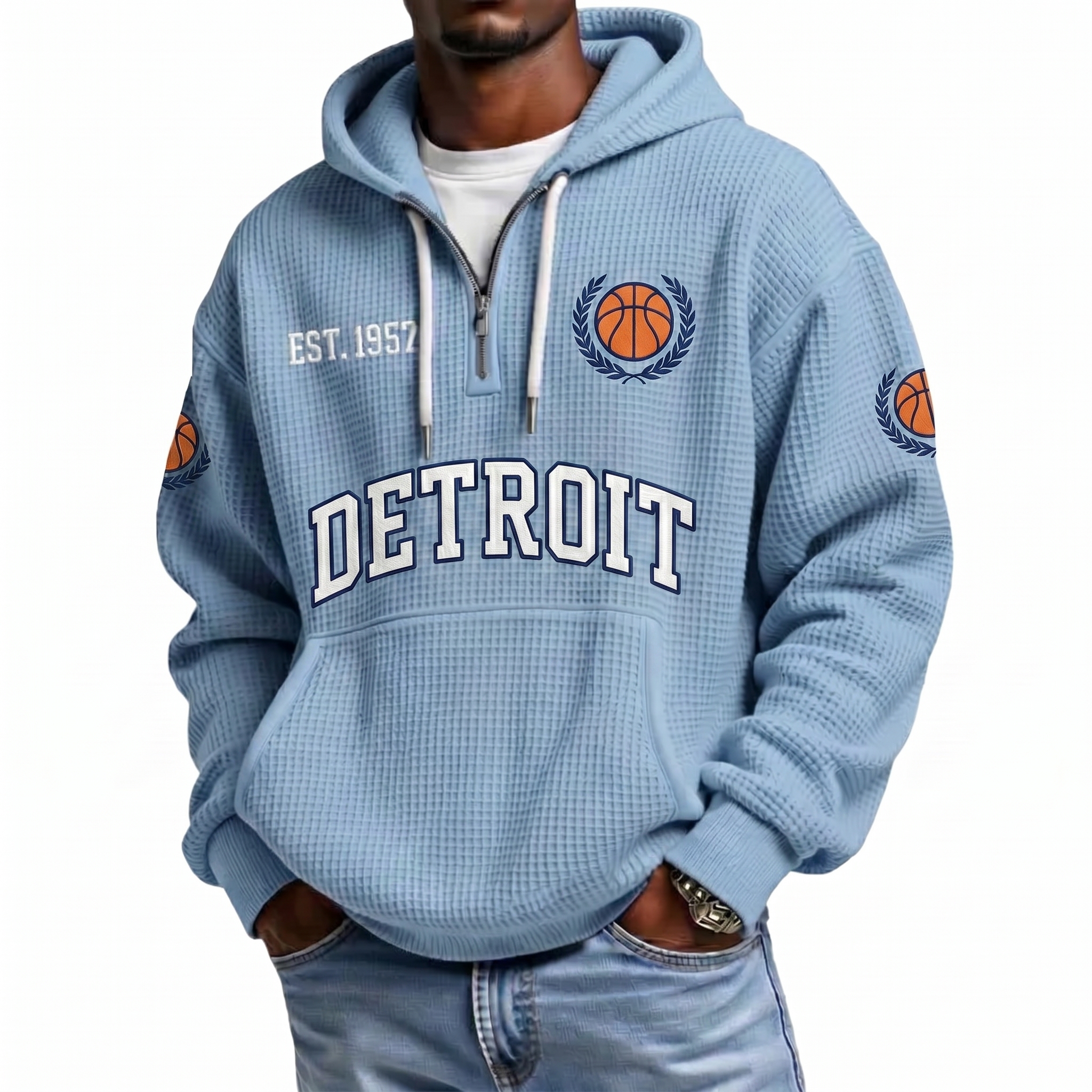 Detroit Basketball EST 1957 Printed Waffle Quarter Zip Fan Hoodie