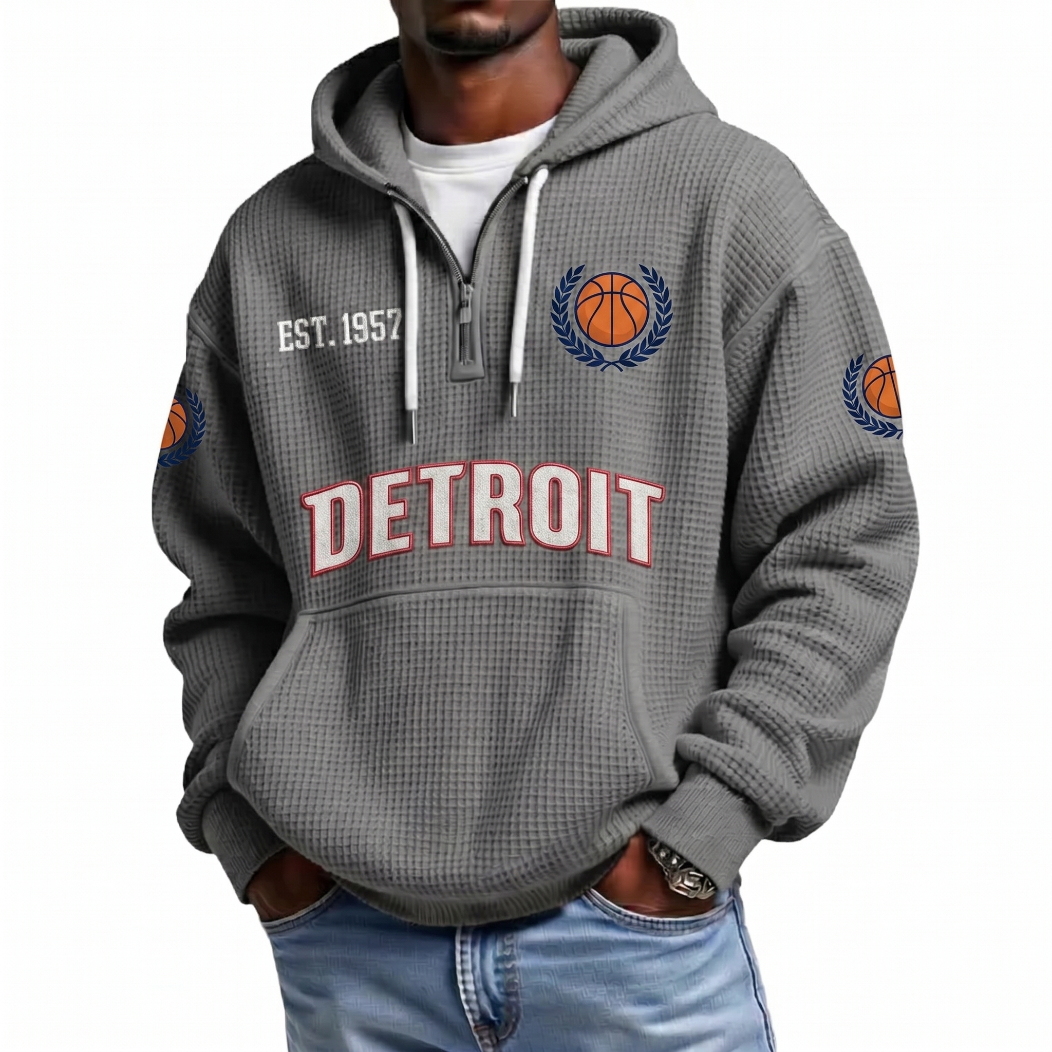 Detroit Basketball EST 1957 Printed Waffle Quarter Zip Fan Hoodie
