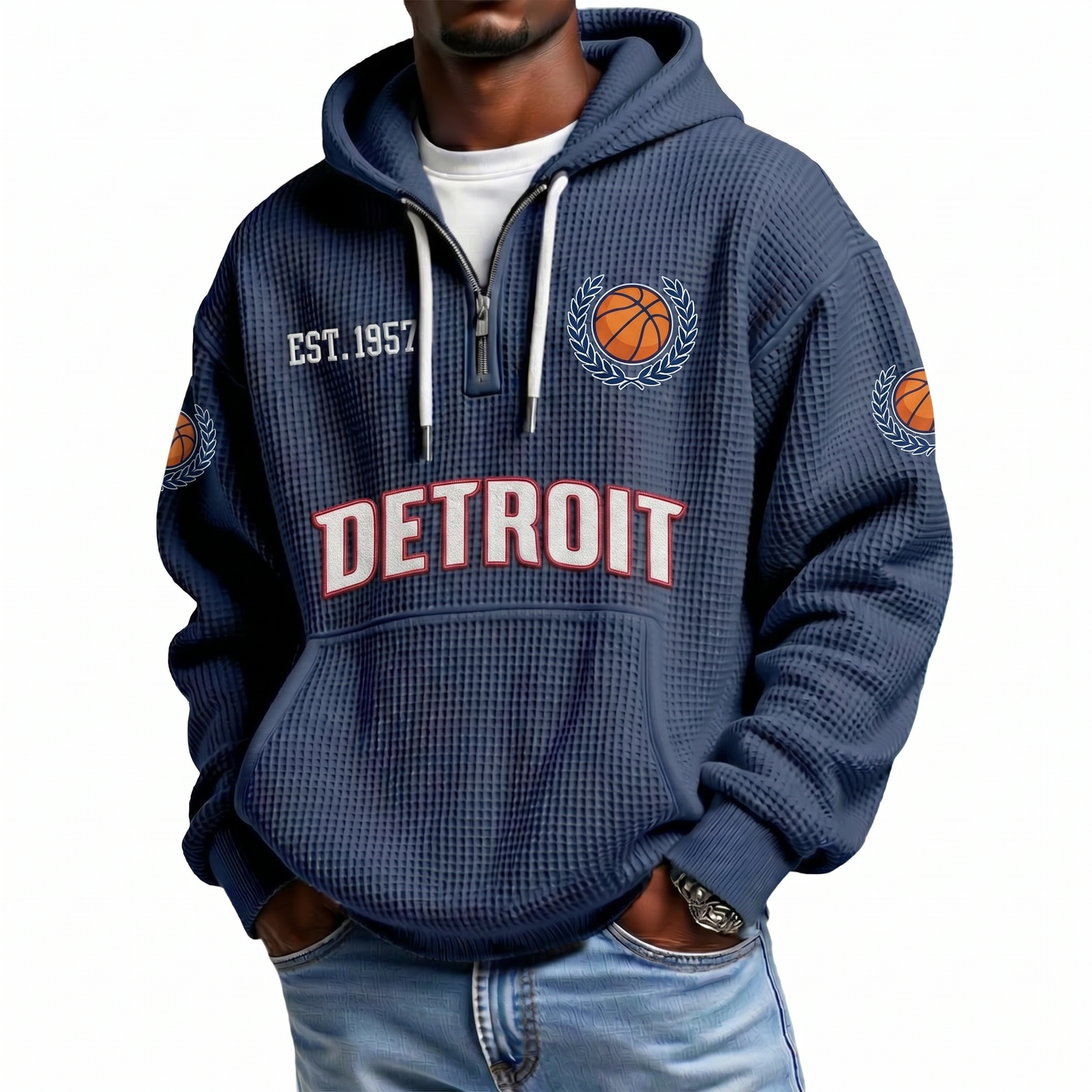 Detroit Basketball EST 1957 Printed Waffle Quarter Zip Fan Hoodie