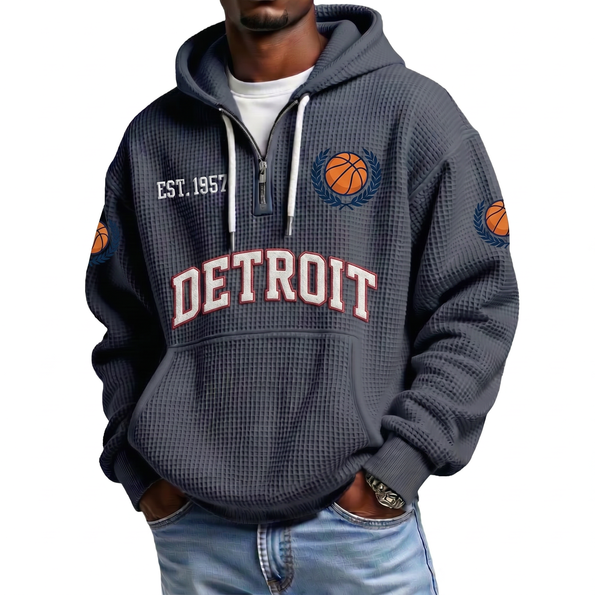 Detroit Basketball EST 1957 Printed Waffle Quarter Zip Fan Hoodie