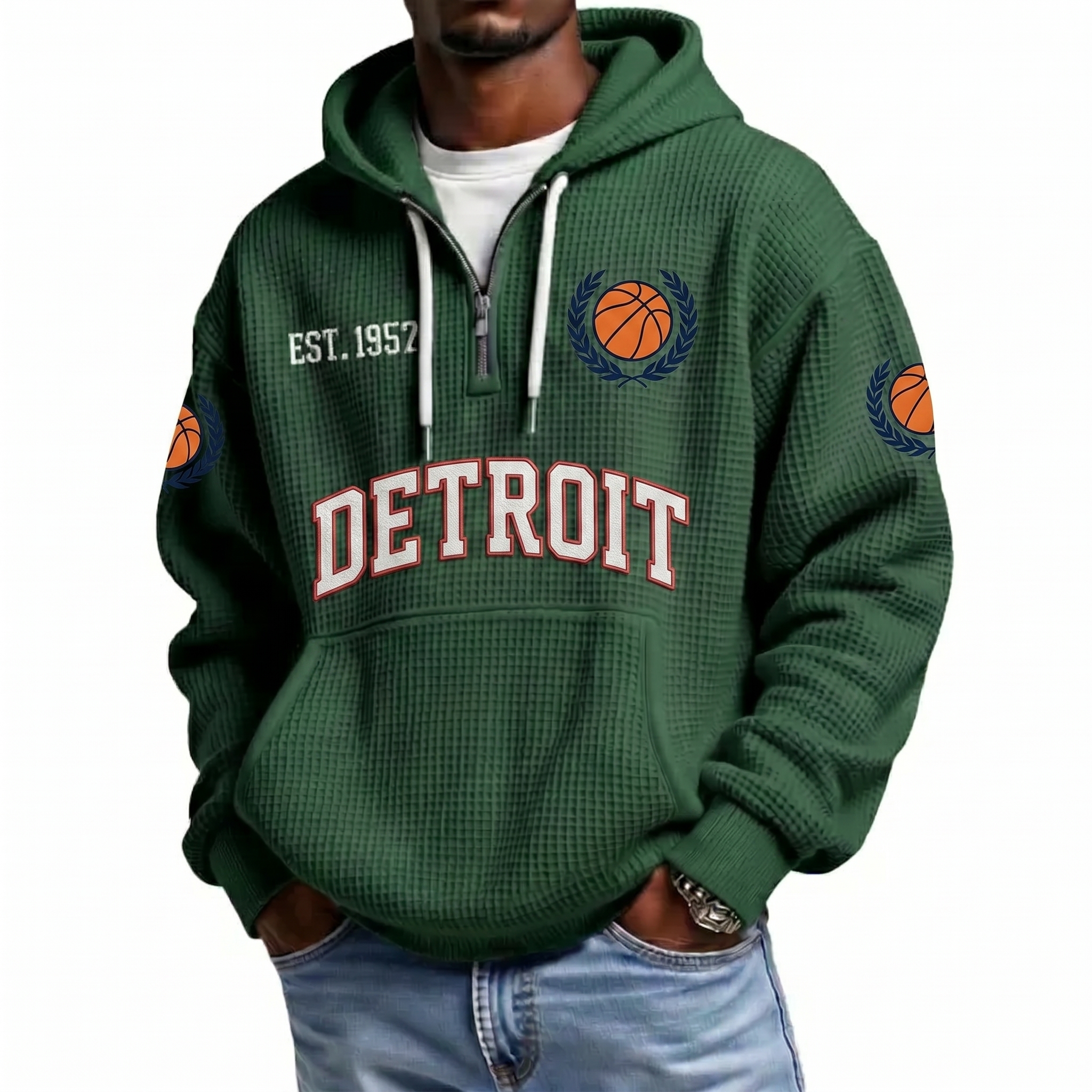 Detroit Basketball EST 1957 Printed Waffle Quarter Zip Fan Hoodie