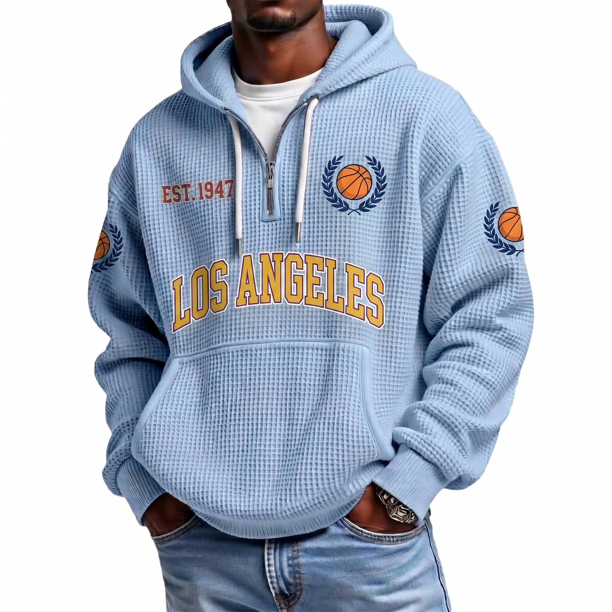 Los Angeles Basketball EST 1947 Printed Waffle Quarter Zip Fan Hoodie