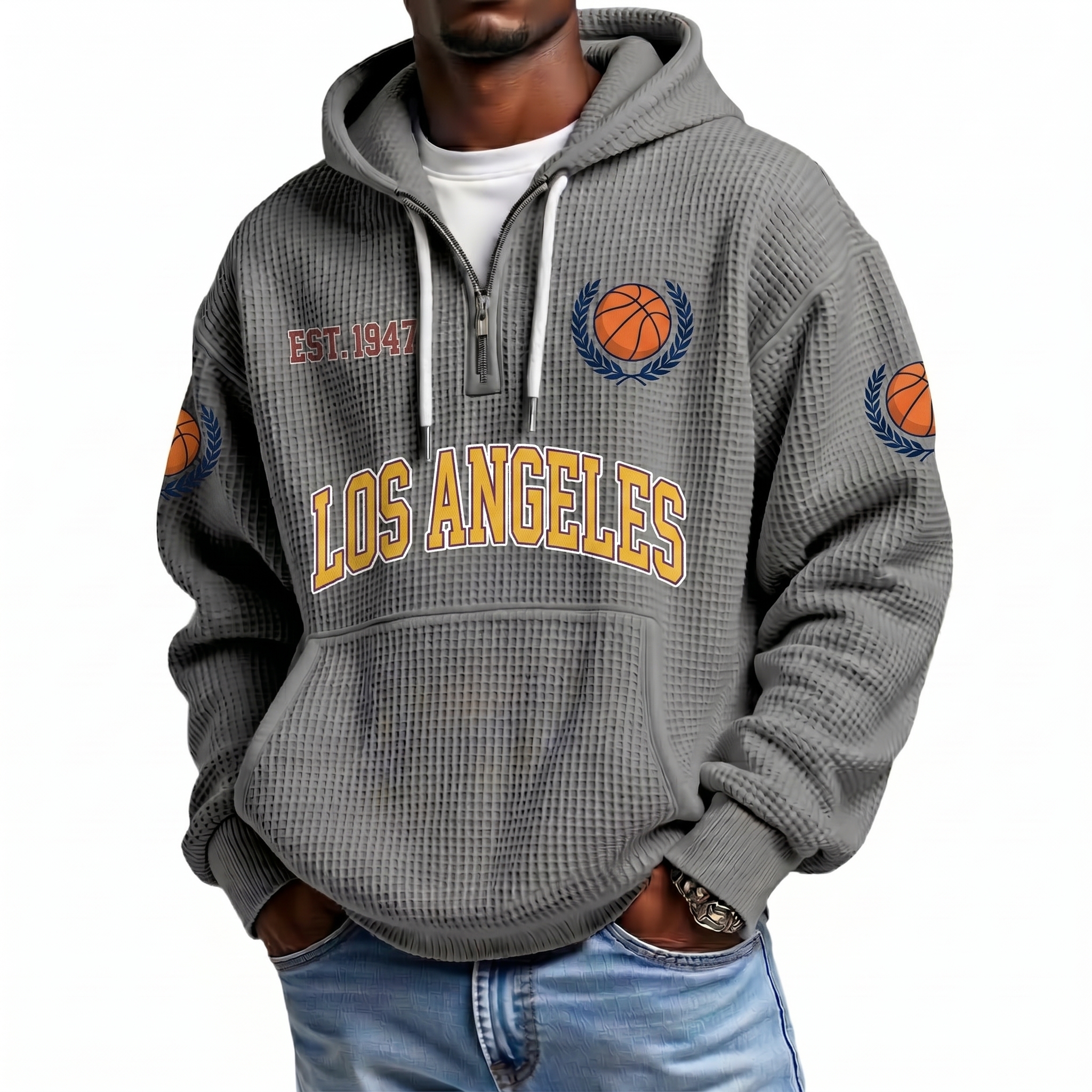 Los Angeles Basketball EST 1947 Printed Waffle Quarter Zip Fan Hoodie