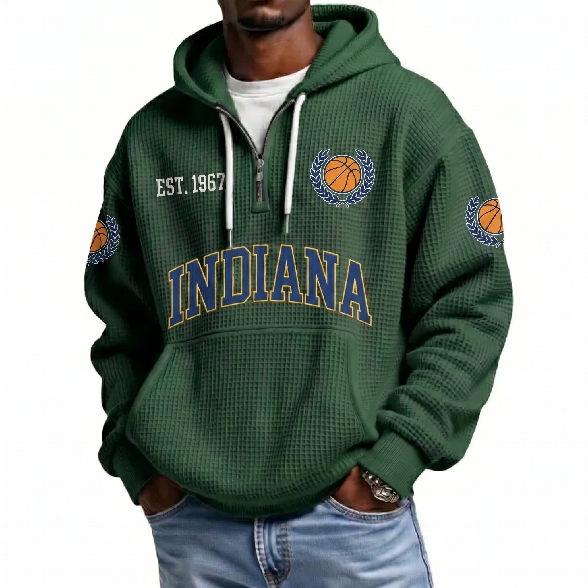 Indiana Basketball EST 1967 Printed Waffle Quarter Zip Fan Hoodie