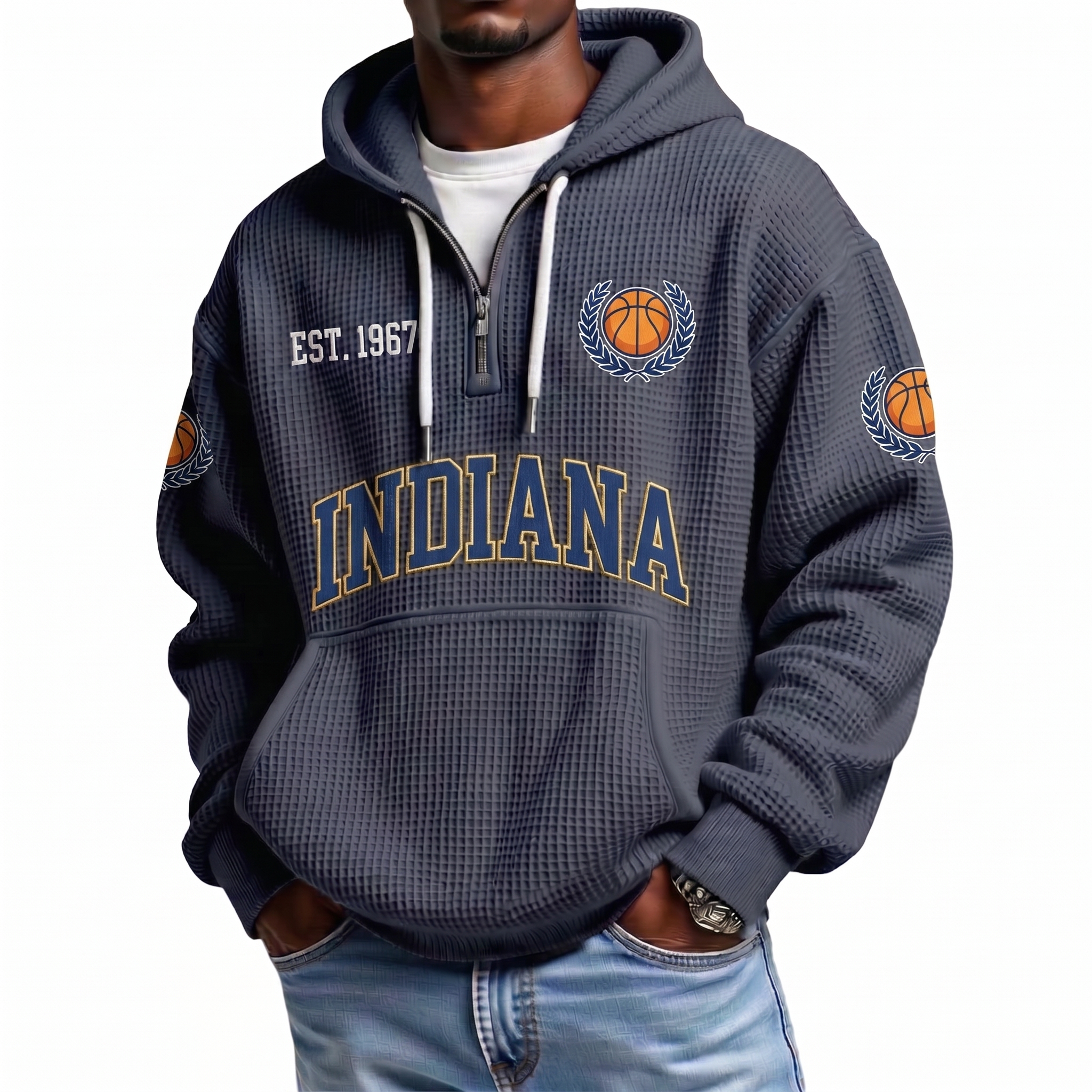 Indiana Basketball EST 1967 Printed Waffle Quarter Zip Fan Hoodie