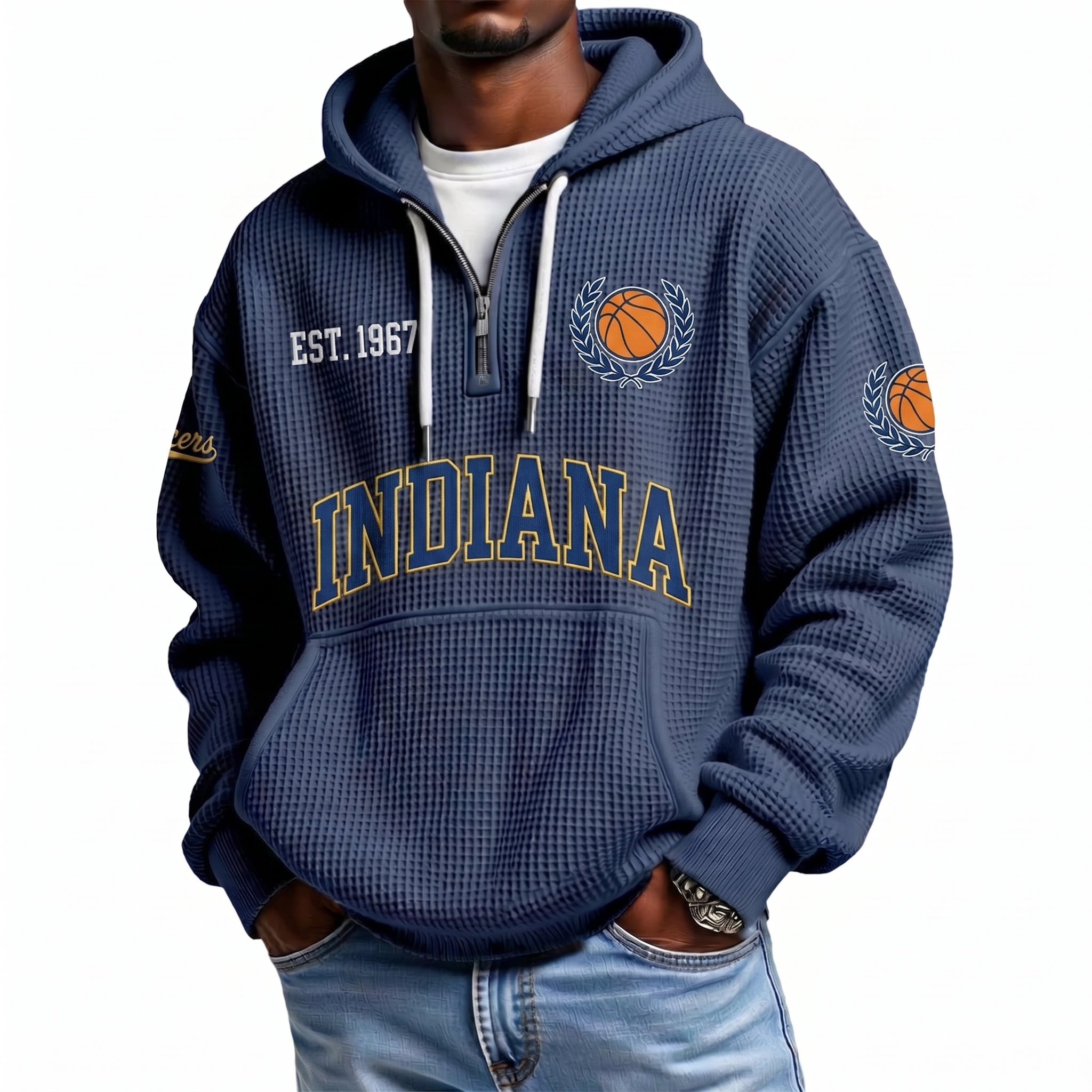 Indiana Basketball EST 1967 Printed Waffle Quarter Zip Fan Hoodie