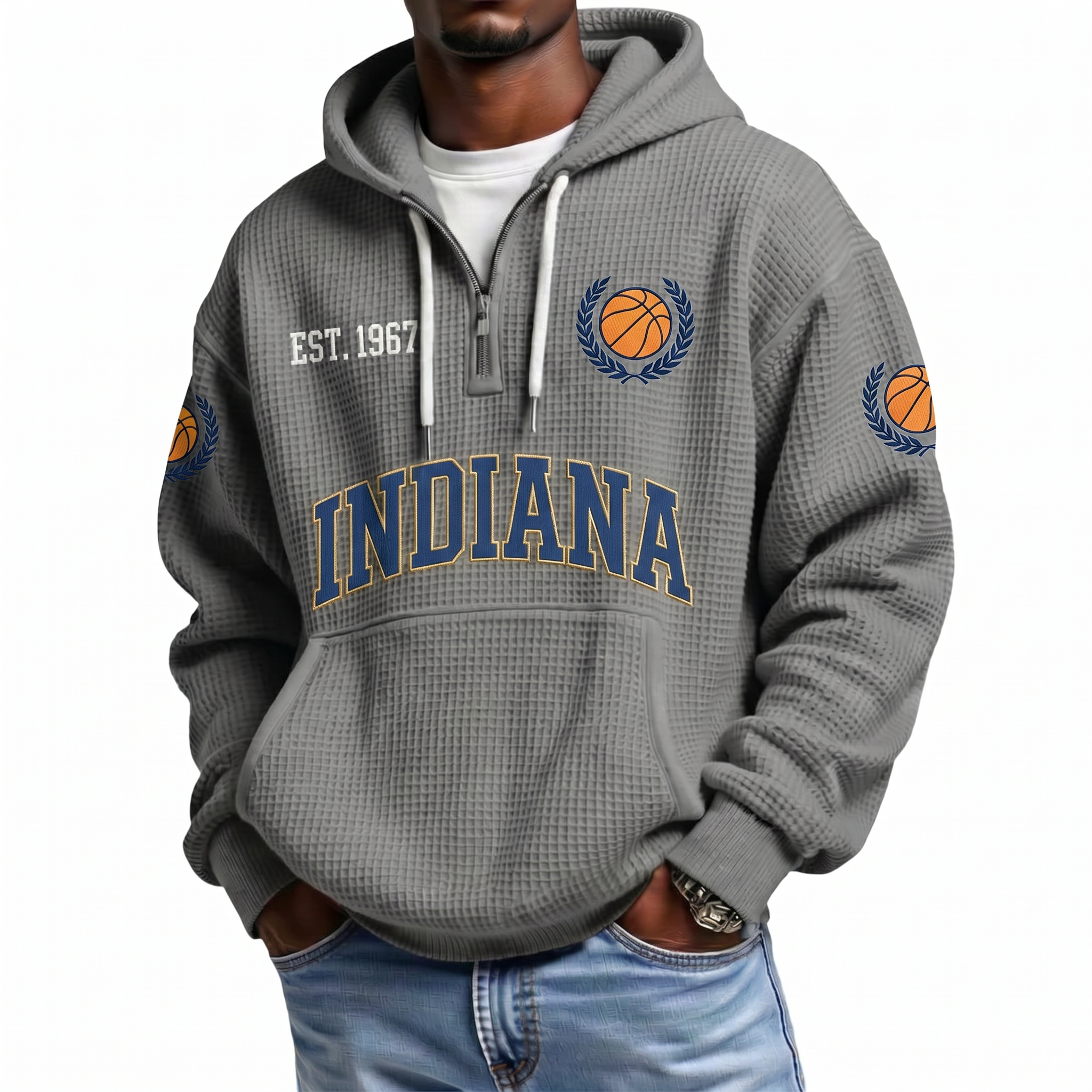 Indiana Basketball EST 1967 Printed Waffle Quarter Zip Fan Hoodie