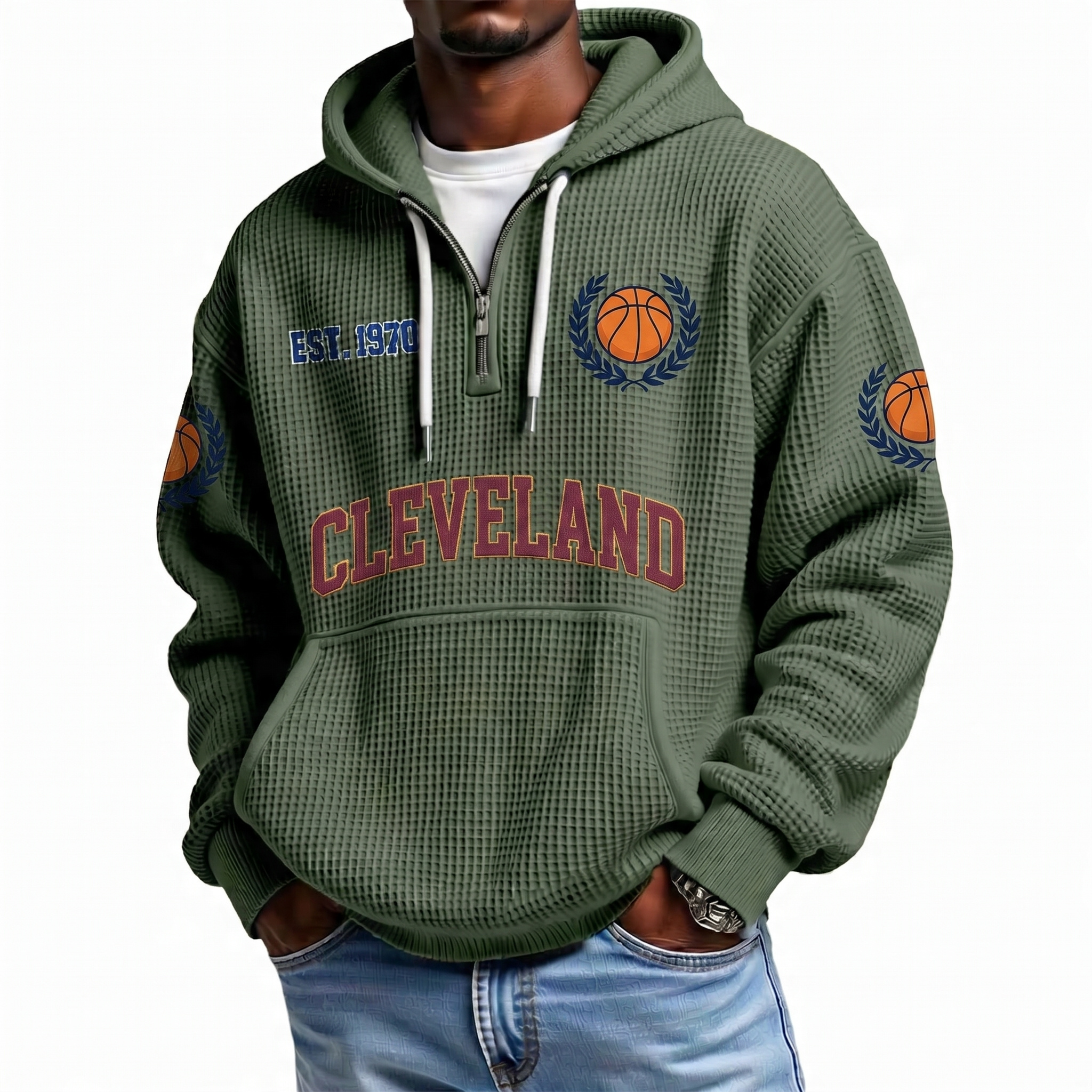 Cleveland Basketball EST 1970 Printed Waffle Quarter Zip Fan Hoodie