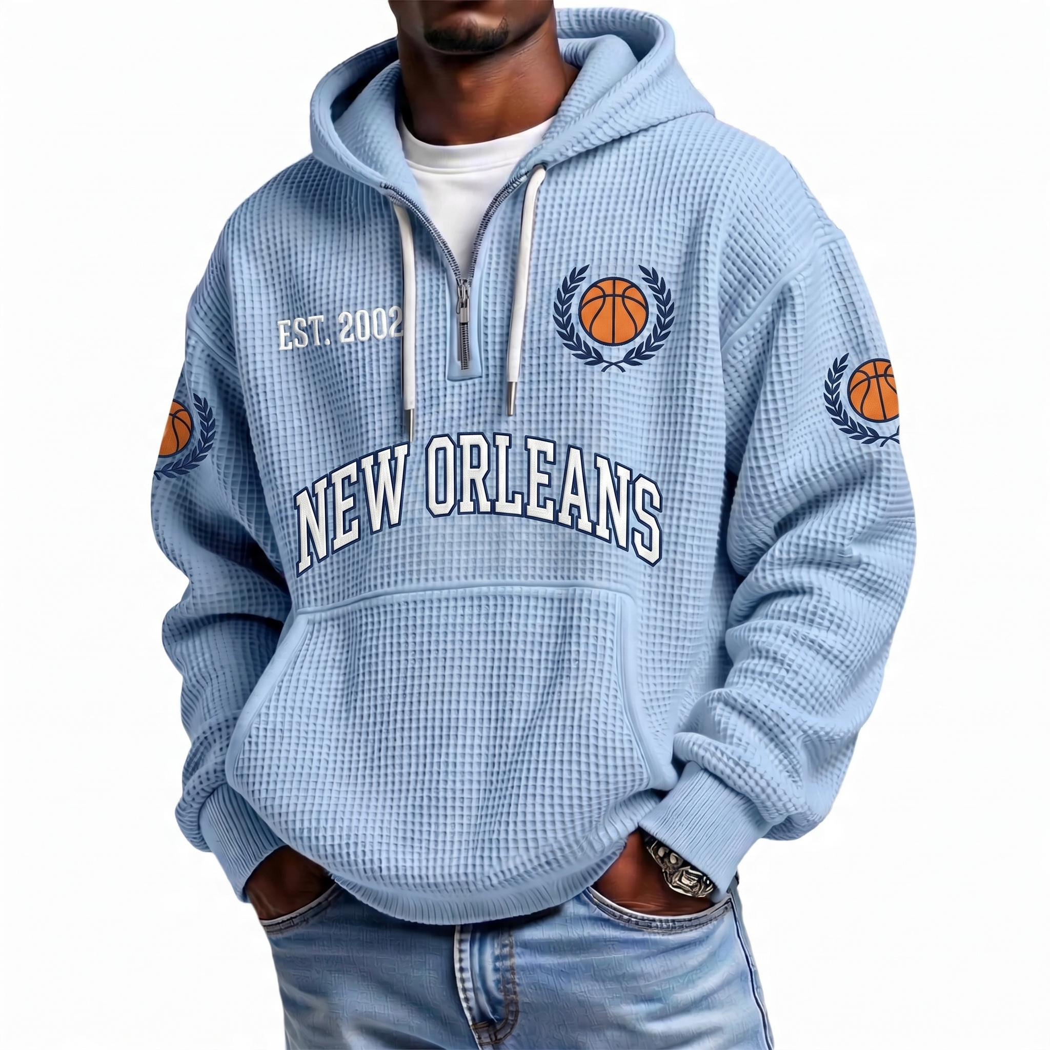 New Orleans Basketball EST 2002 Printed Waffle Quarter Zip Fan Hoodie