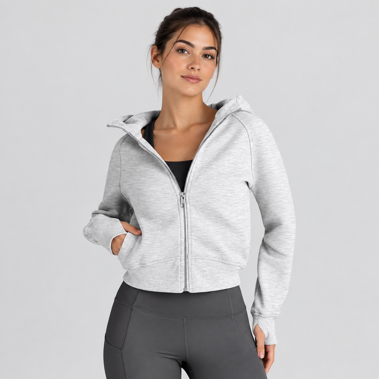 Cropped Casual Zip Up Hoodie For Women