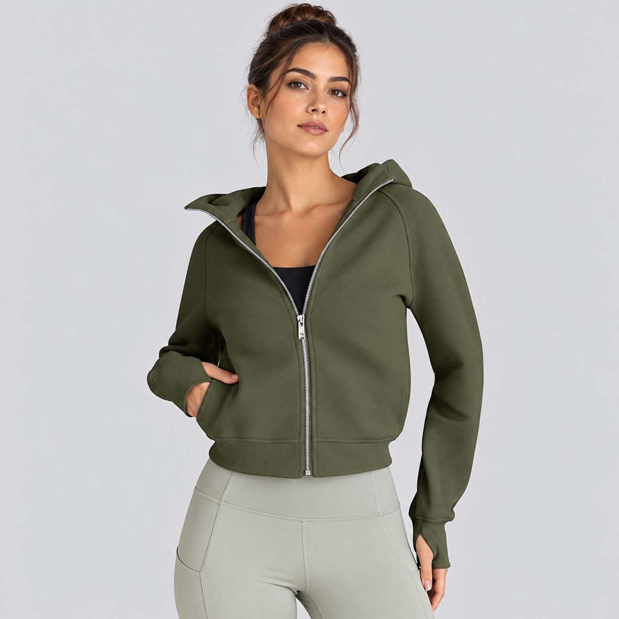 Cropped Casual Zip Up Hoodie For Women