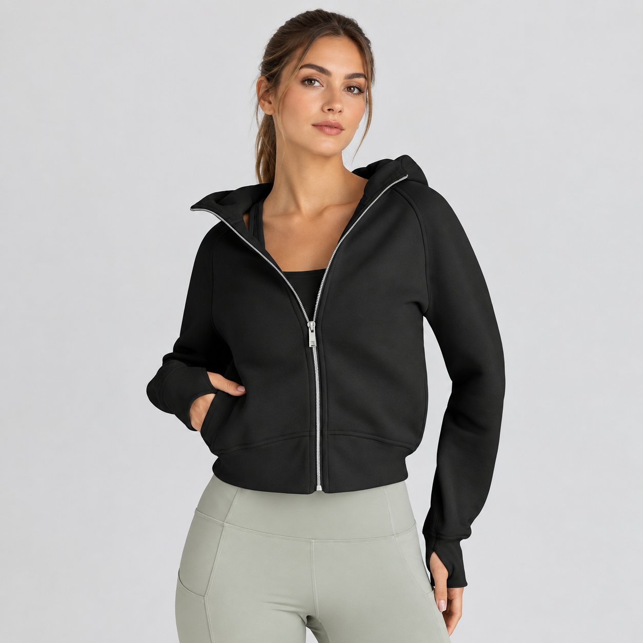 Cropped Casual Zip Up Hoodie For Women