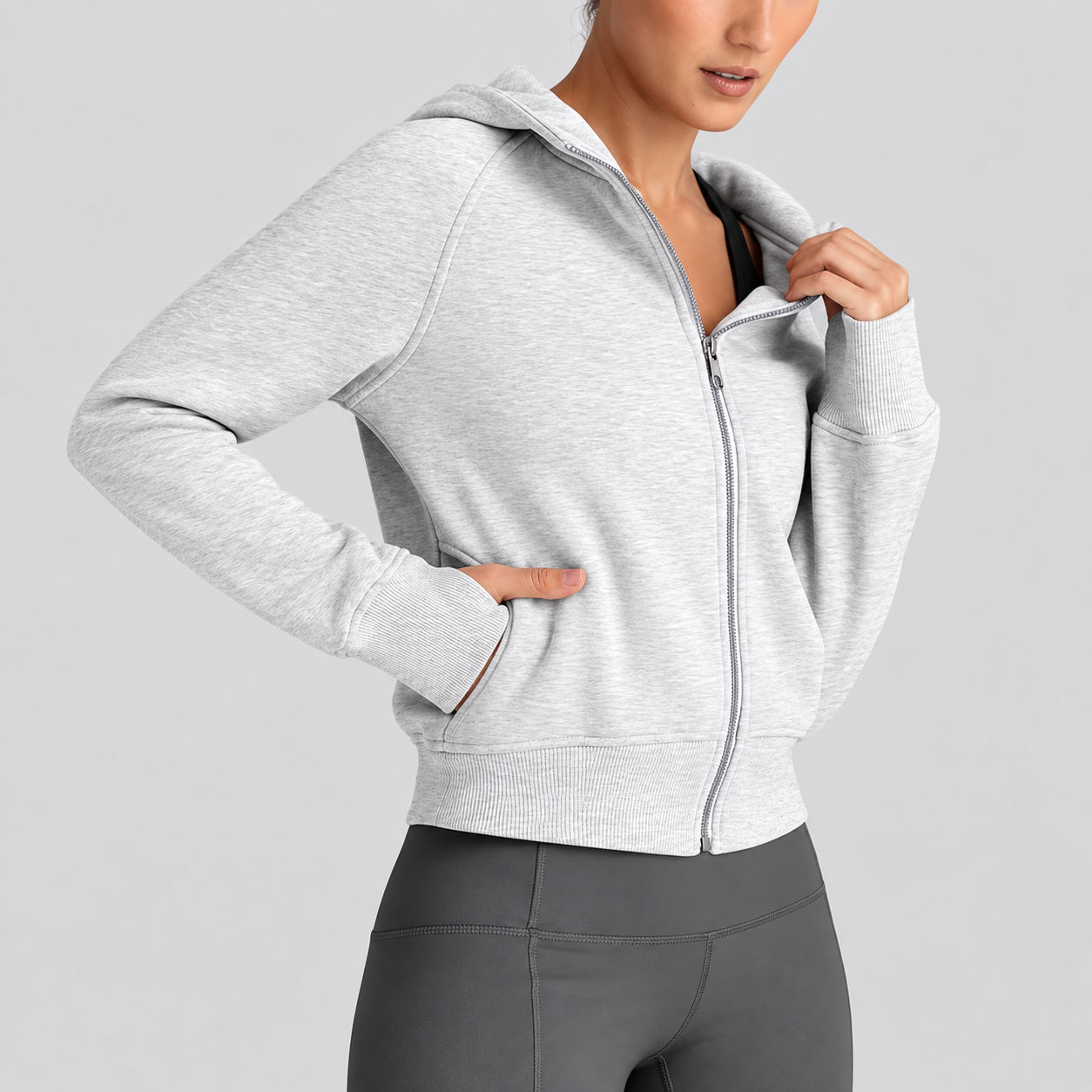 Cropped Casual Zip Up Hoodie For Women
