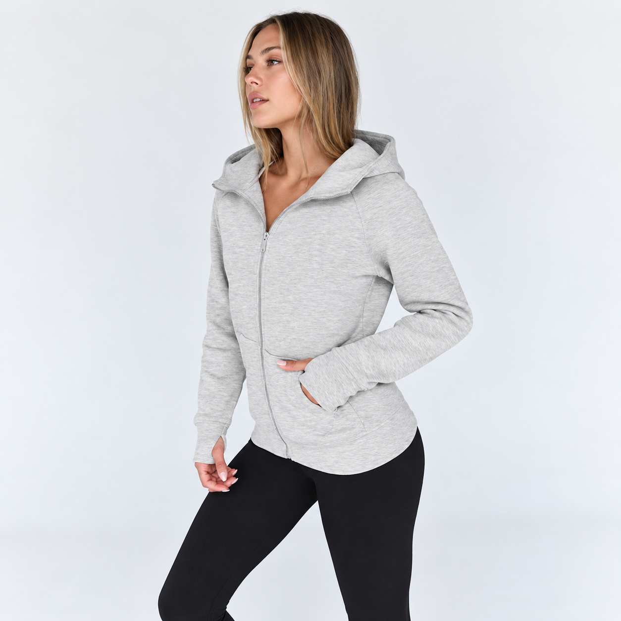 Slim Fit Zip Up Hooded Sweatshirt For Women