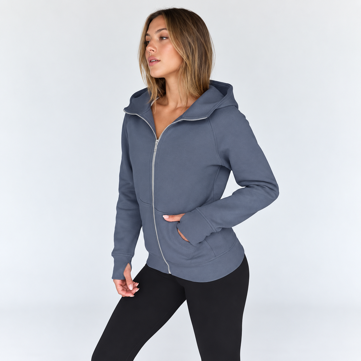 Slim Fit Zip Up Hooded Sweatshirt For Women