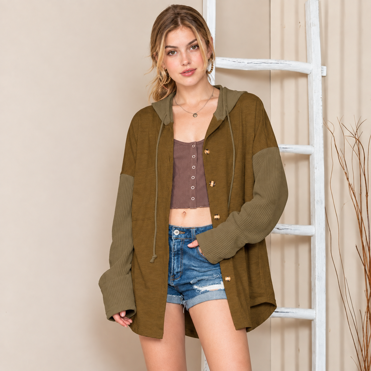 Oversized Button Front Loose Fit Casual Hooded Sweatshirt For Women