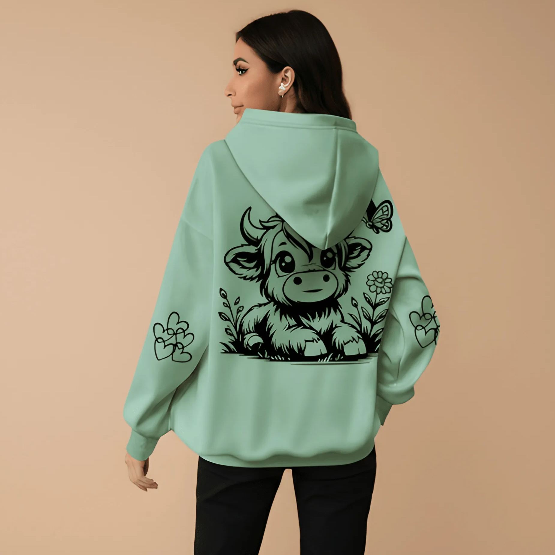 Floral Bull Graphic Print Pullover Hoodie For Women