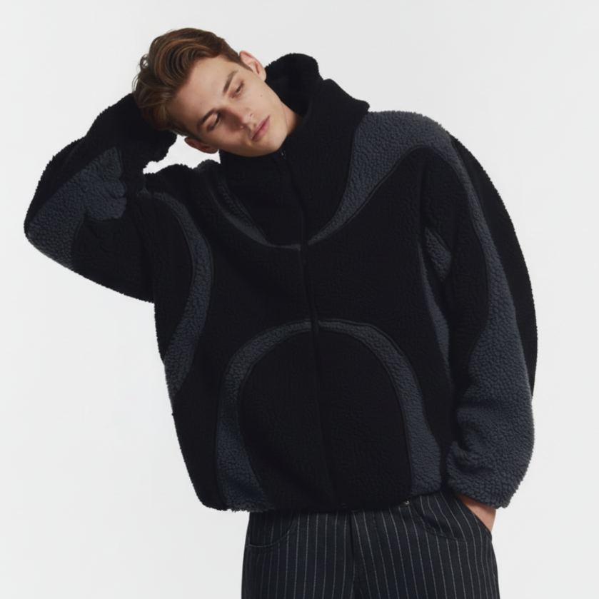 Oversized Sherpa Hoodie With Contrast Piping Detail