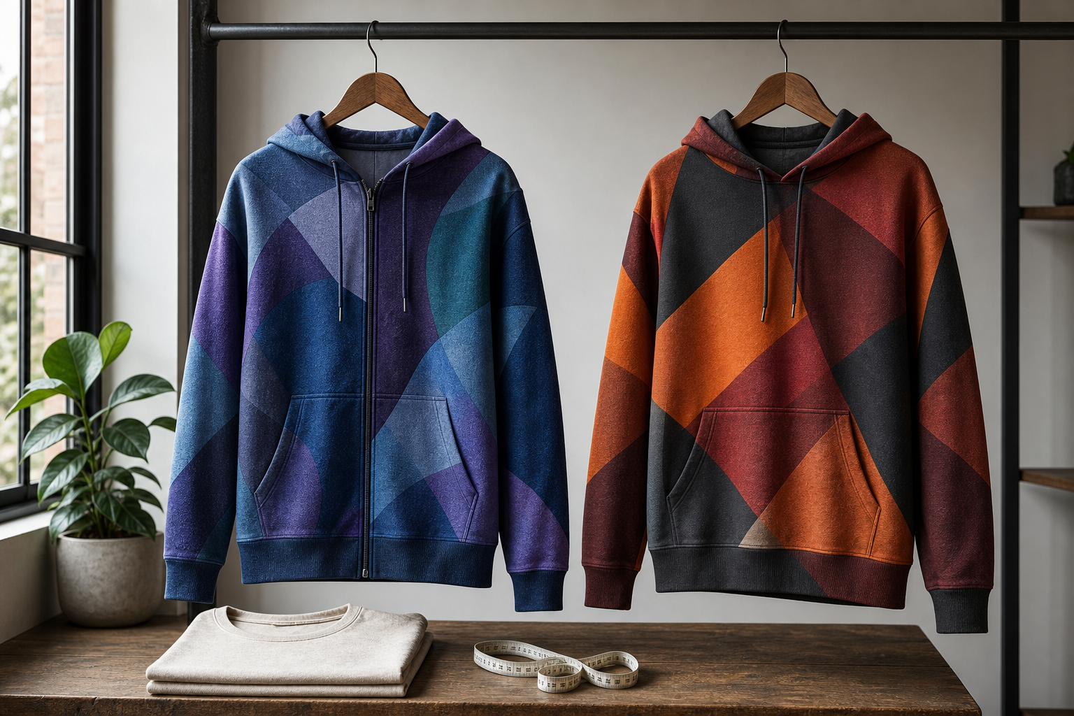 Abstract blue zip-up hoodie and orange pullover hoodie hanging beside a folded base layer and measuring tape