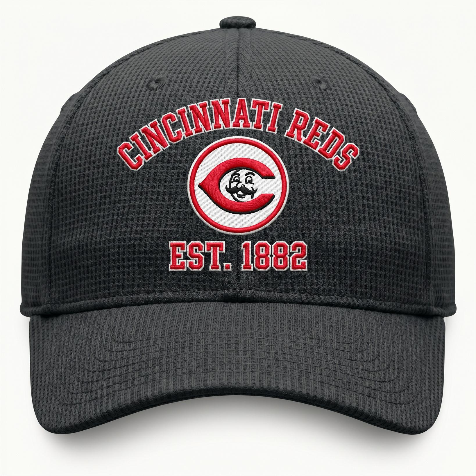 Cincinnati Reds dark gray waffle-knit baseball cap with embroidered scarlet C mustache patch