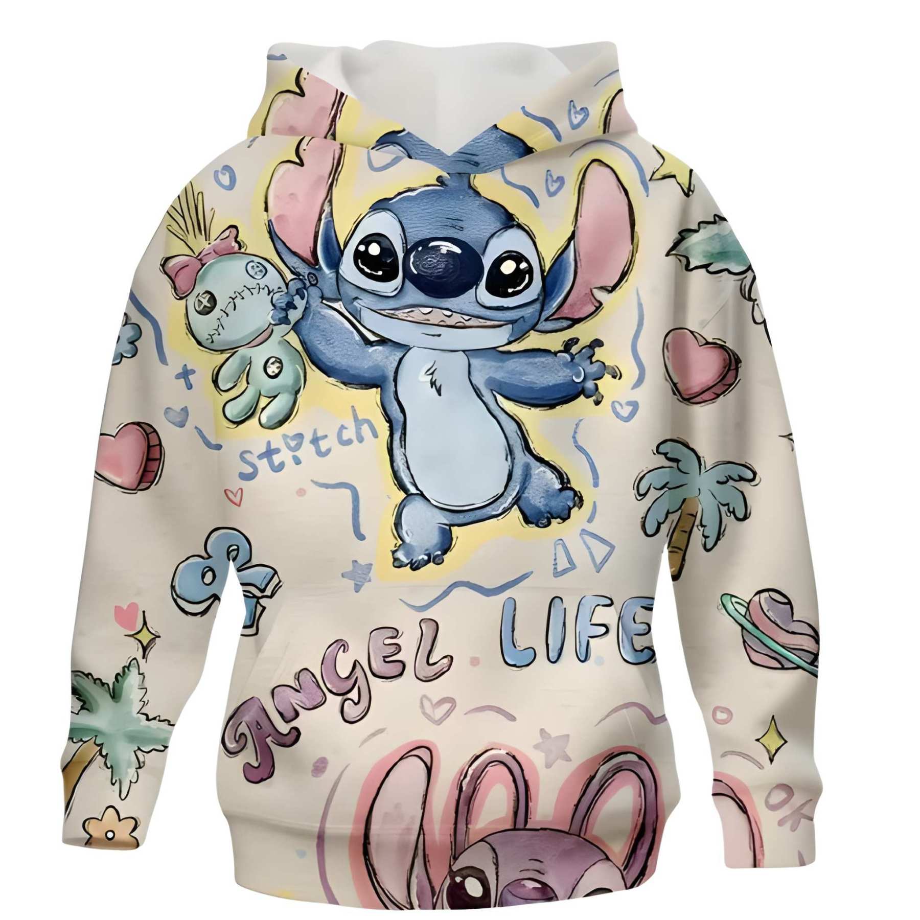 Stitch Cartoon Print Long Sleeve Hoodie For Girls