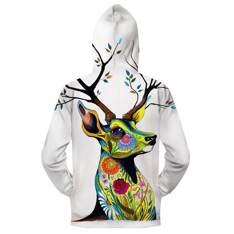 Flower Deer Zip Up Hoodie