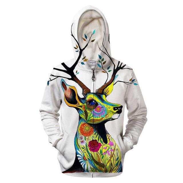 Flower Deer Zip Up Hoodie