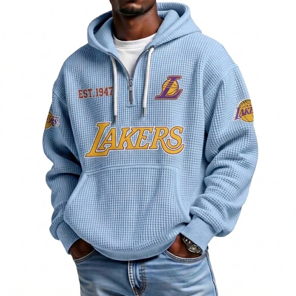 Los Angeles Lakers EST 1947 Printed Waffle Quarter Zip Basketball Fan Hoodie