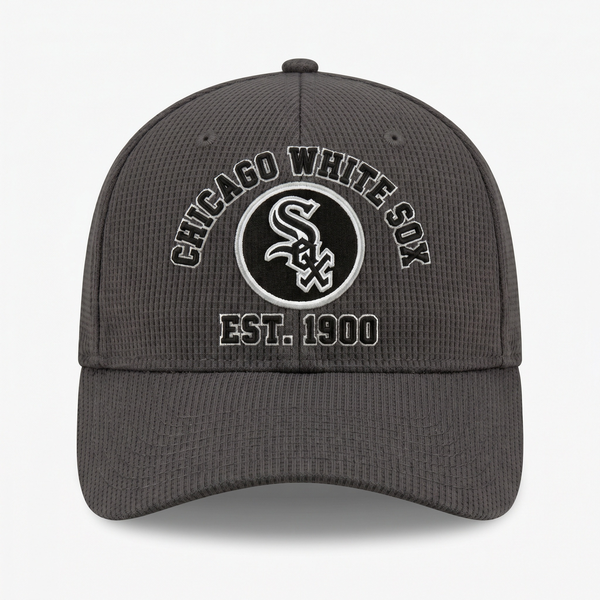 Chicago White Sox dark gray waffle-knit baseball cap with embroidered SOX wordmark patch