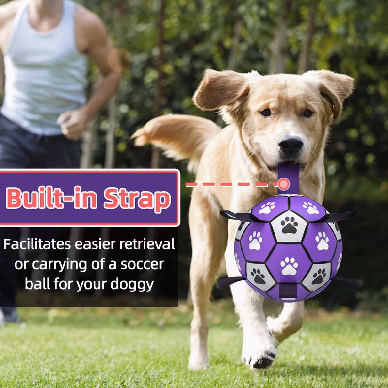 durable rubber dog soccer ball with straps interactive chew resistant pet toy for all breed sizes purple black with paw print design indoor outdoor play training dog ball toy large 4