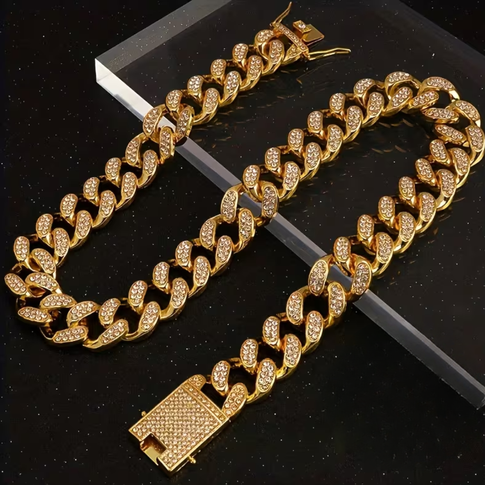 Dog Chain Crystal Artificial Diamond Cuban Collar Walking Metal Chain Collar with Design Secure Buckle