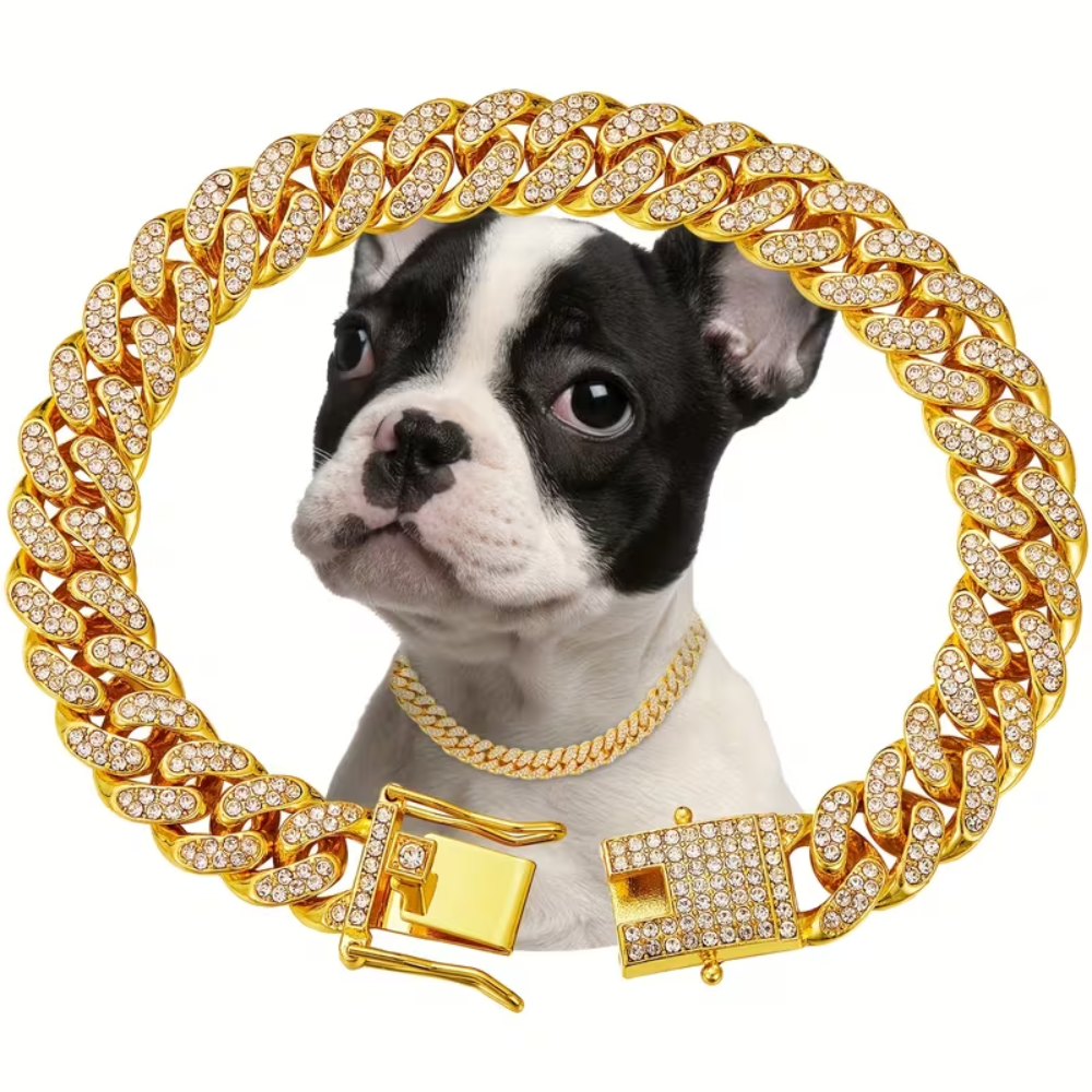 Dog Chain Crystal Artificial Diamond Cuban Collar Walking Metal Chain Collar with Design Secure Buckle