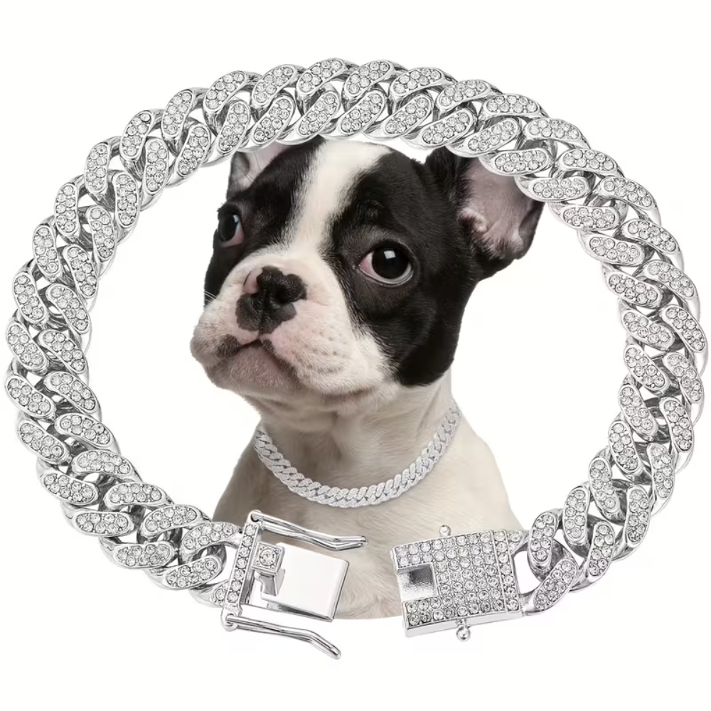 Dog Chain Crystal Artificial Diamond Cuban Collar Walking Metal Chain Collar with Design Secure Buckle