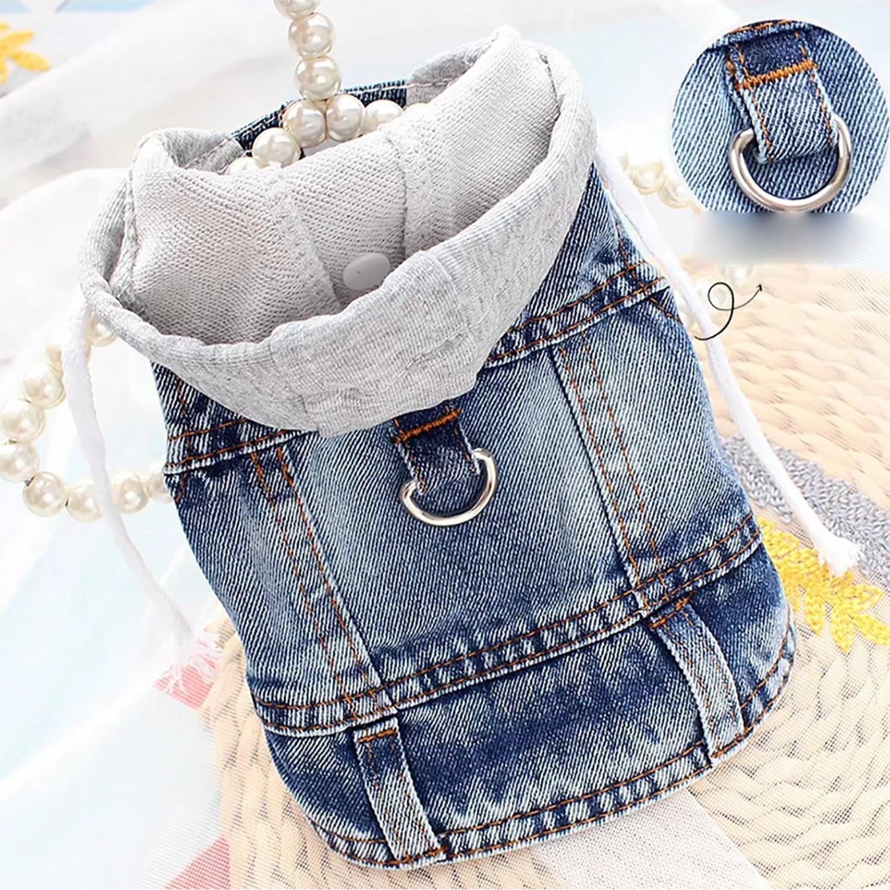 Denim Hooded Dog Harness Vest With Leash Ring