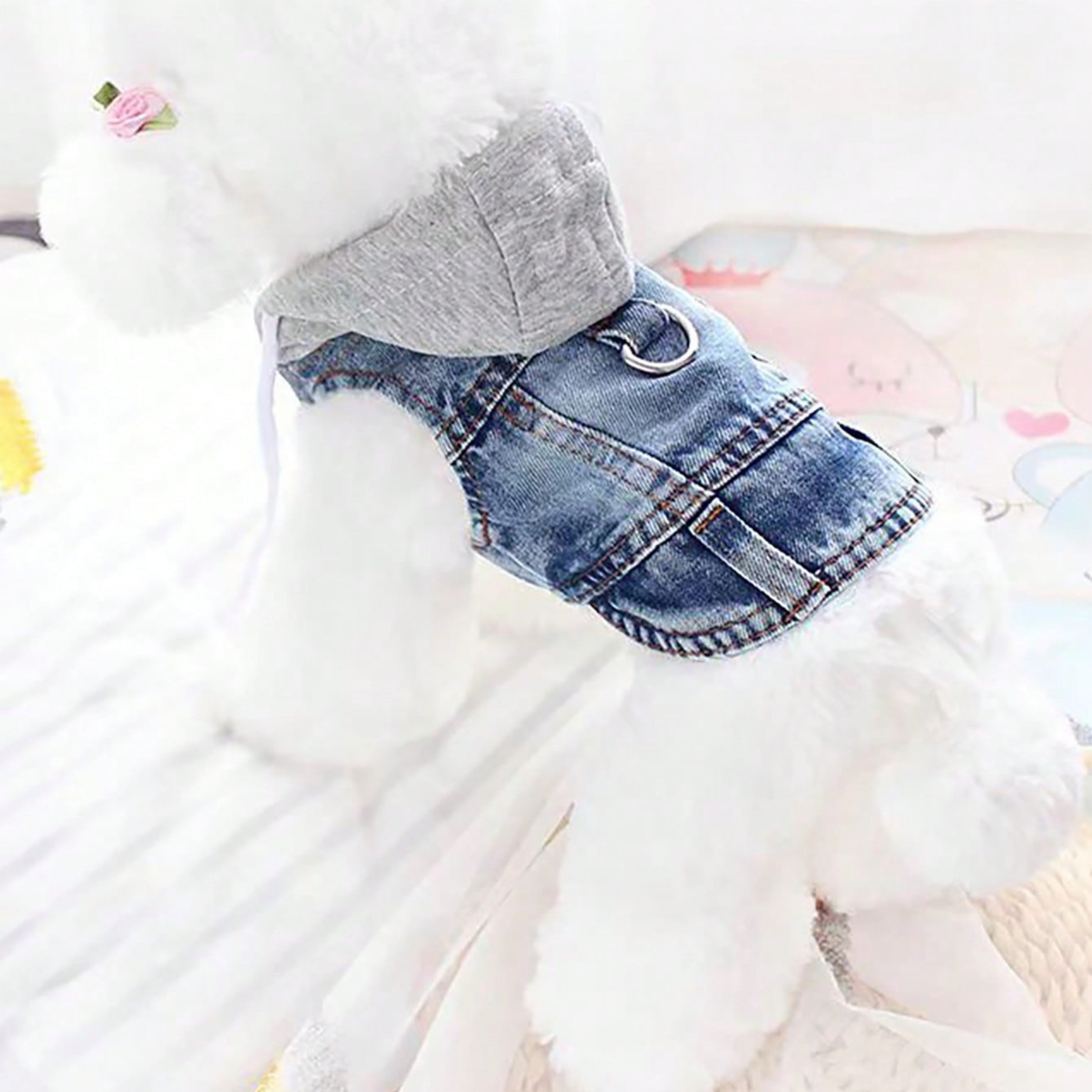 Denim Hooded Dog Harness Vest With Leash Ring