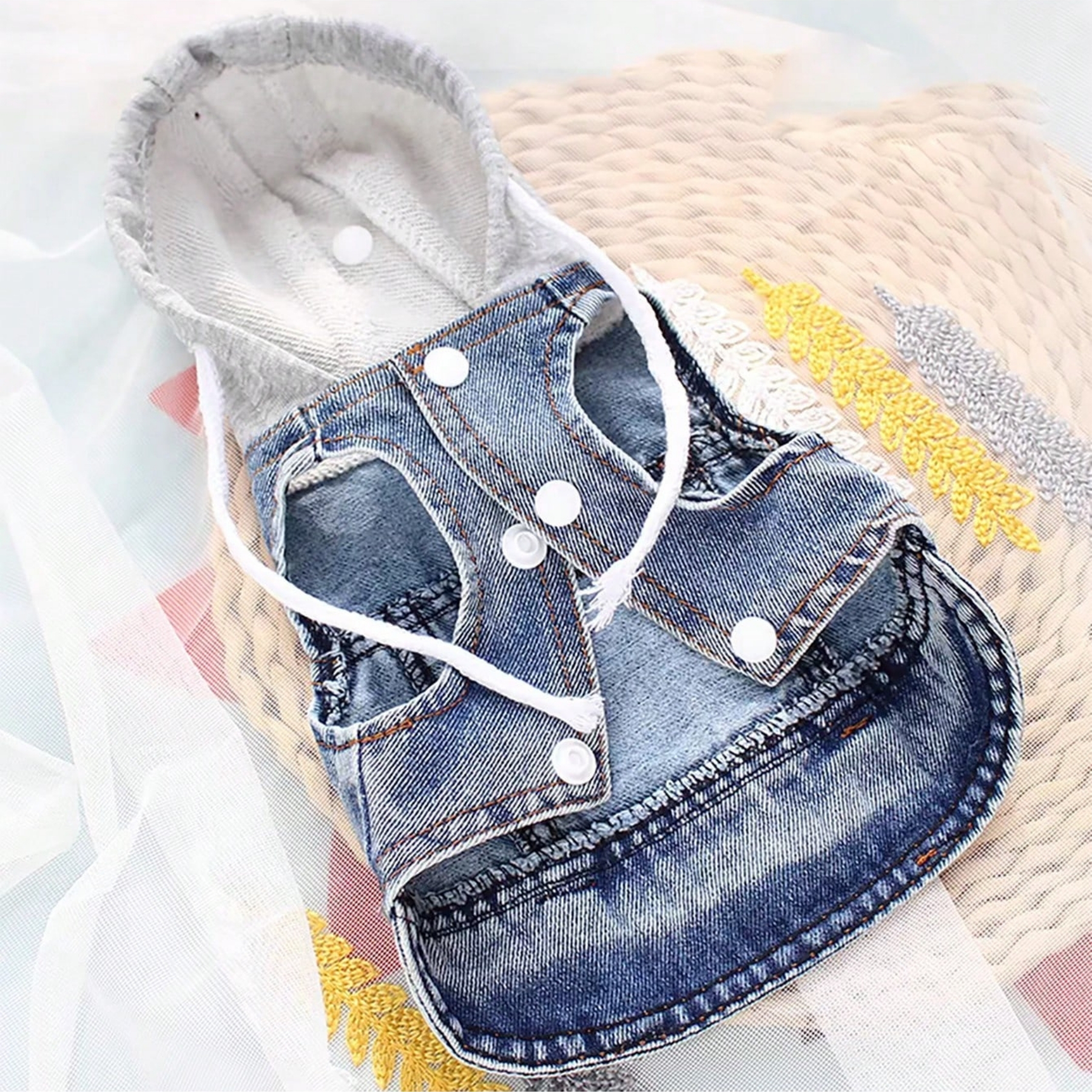 Denim Hooded Dog Harness Vest With Leash Ring