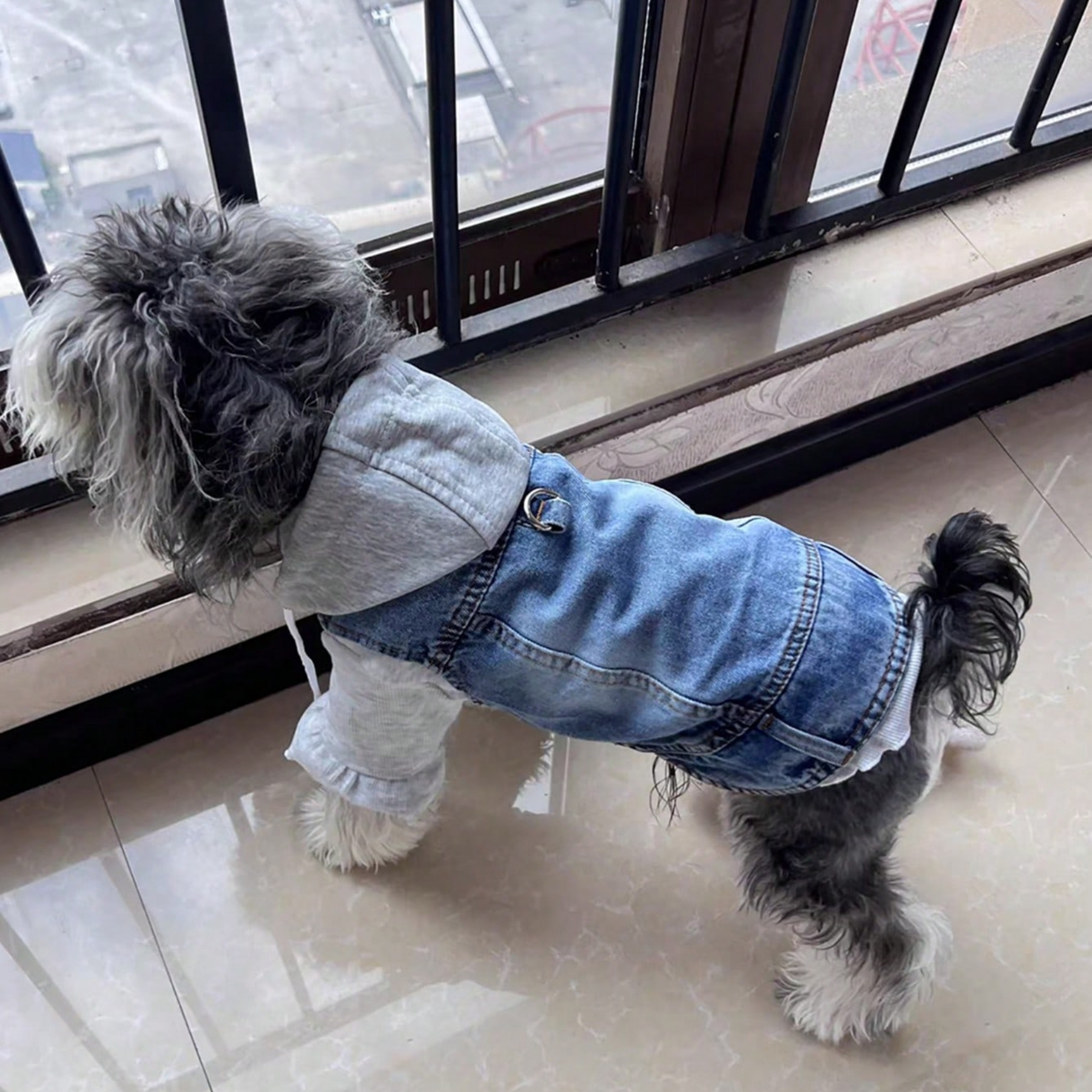Denim Hooded Dog Harness Vest With Leash Ring