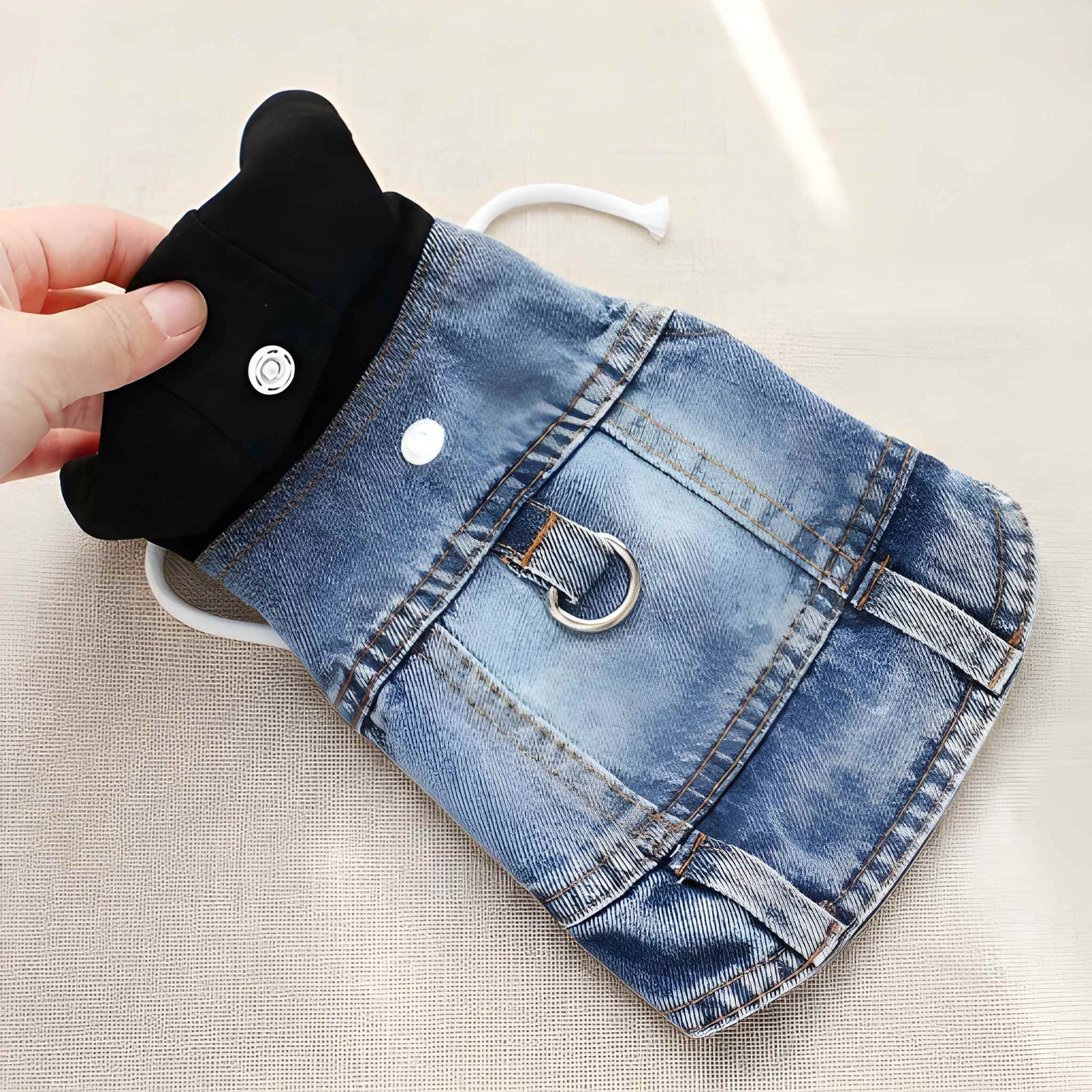 Hooded Dog Harness Vest With Denim Design For Pets