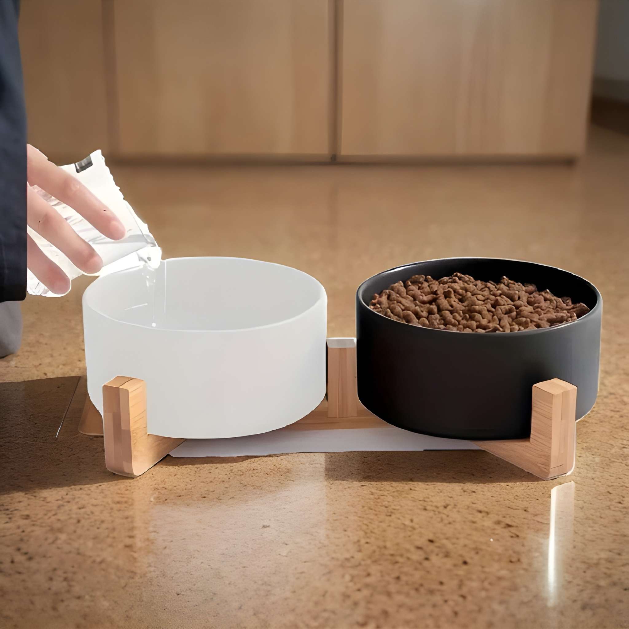 Non Slip Ceramic Pet Bowls Set With Wooden Stand