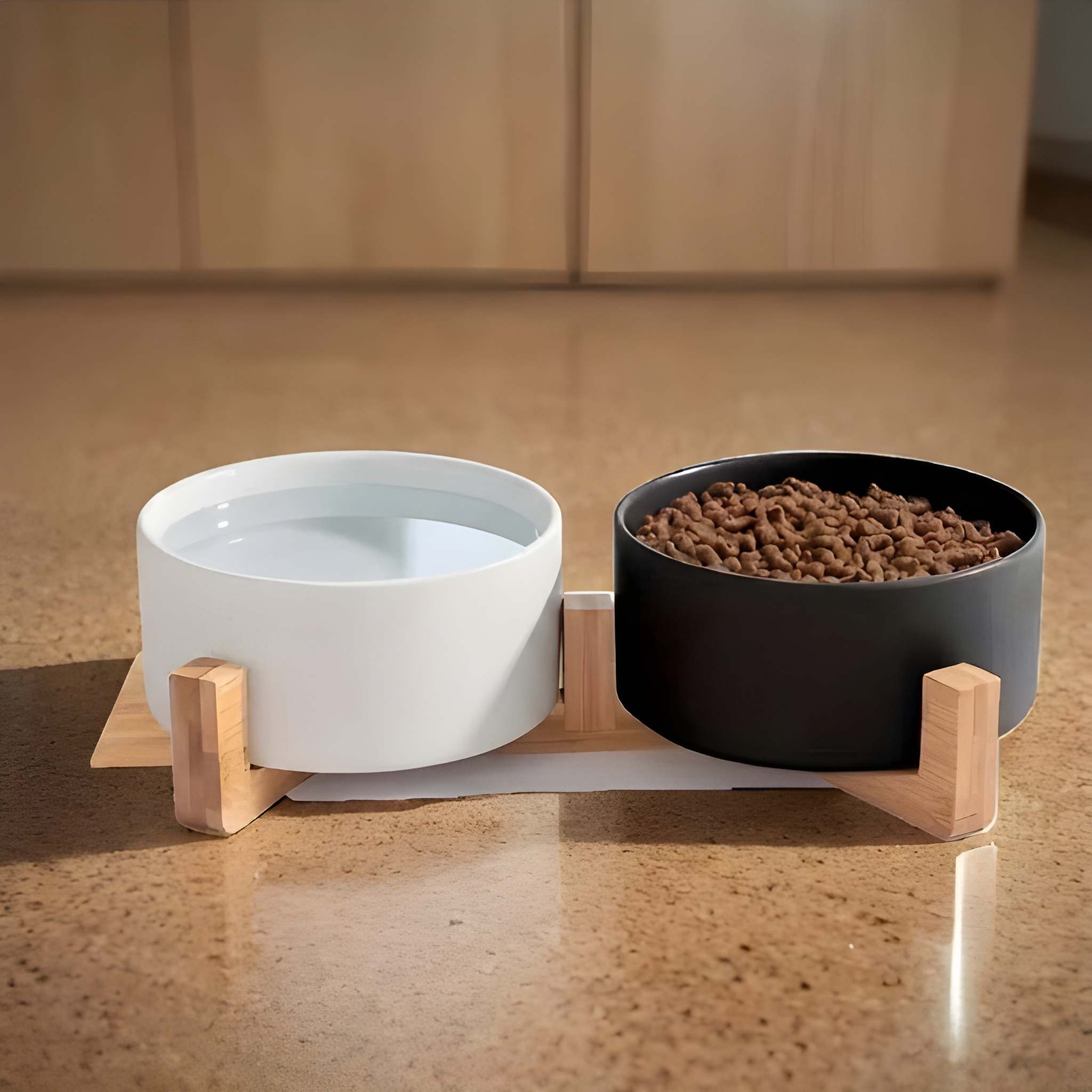 Non Slip Ceramic Pet Bowls Set With Wooden Stand