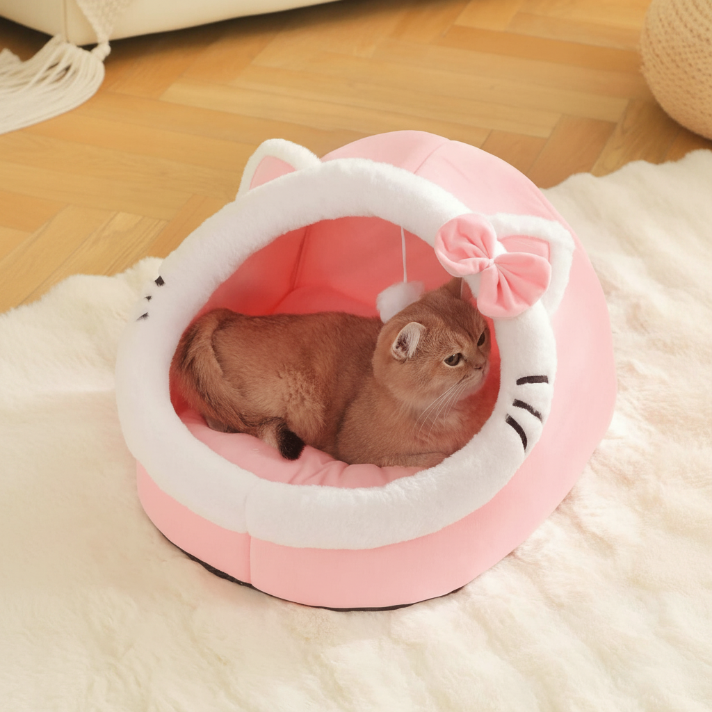 Cartoon Cat Cave Bed With Washable Cushion And Warm Enclosed Design