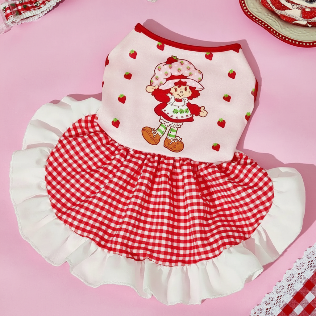 Strawberry Shortcake Cartoon Design Pet Dress With Lace Details 