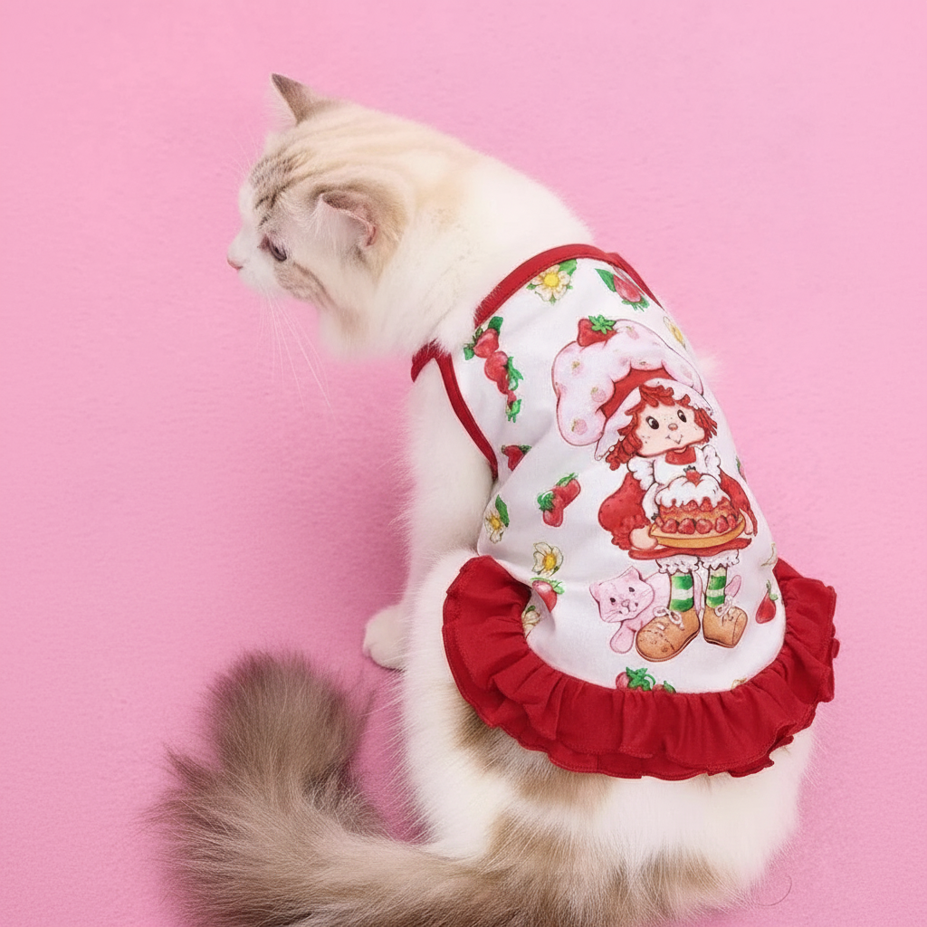 Strawberry Shortcake Cartoon Design Pet Dress With Lace Details 