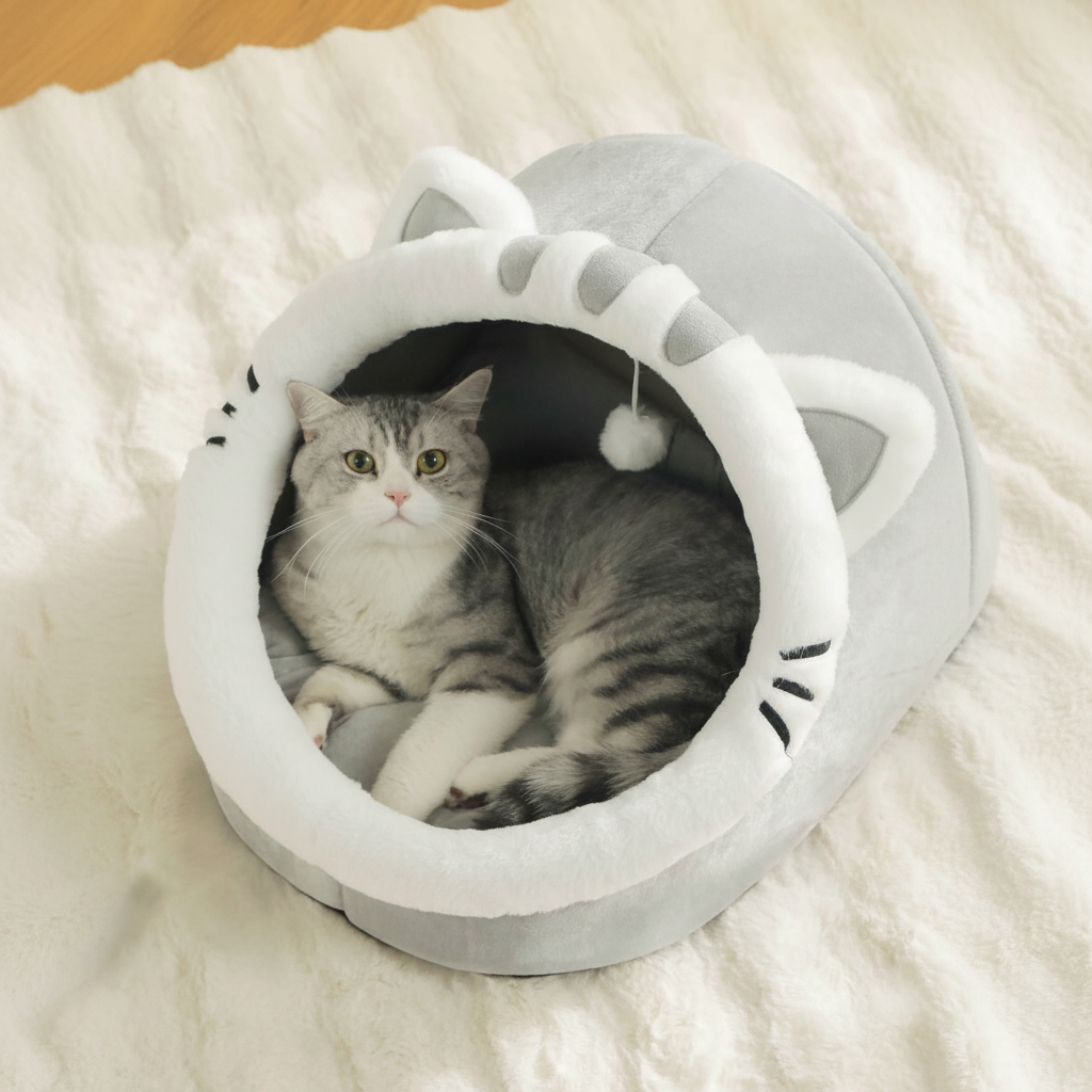 Cartoon Cat Cave Bed With Washable Cushion And Warm Enclosed Design