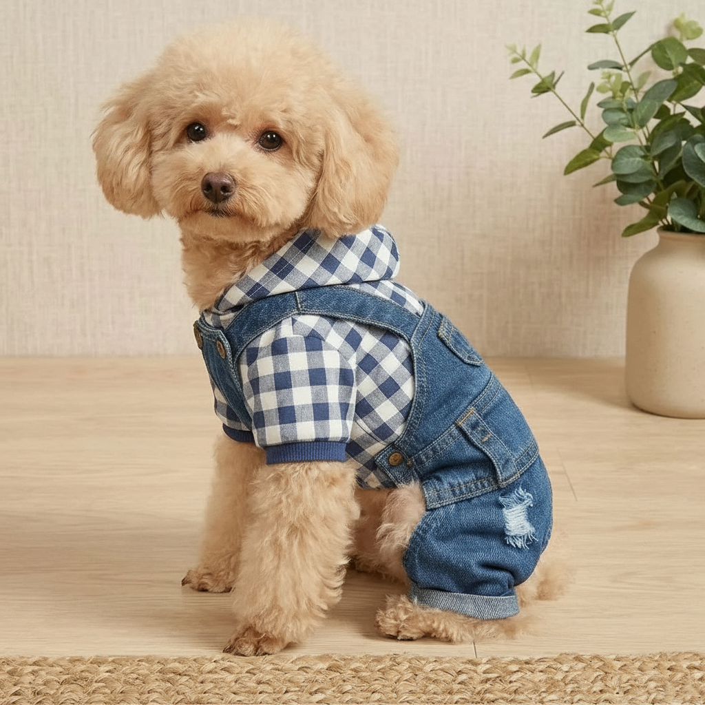 Pet Striped 4-Leg Overall Denim Effect Jumpsuit Suspender Pants Dog Clothes